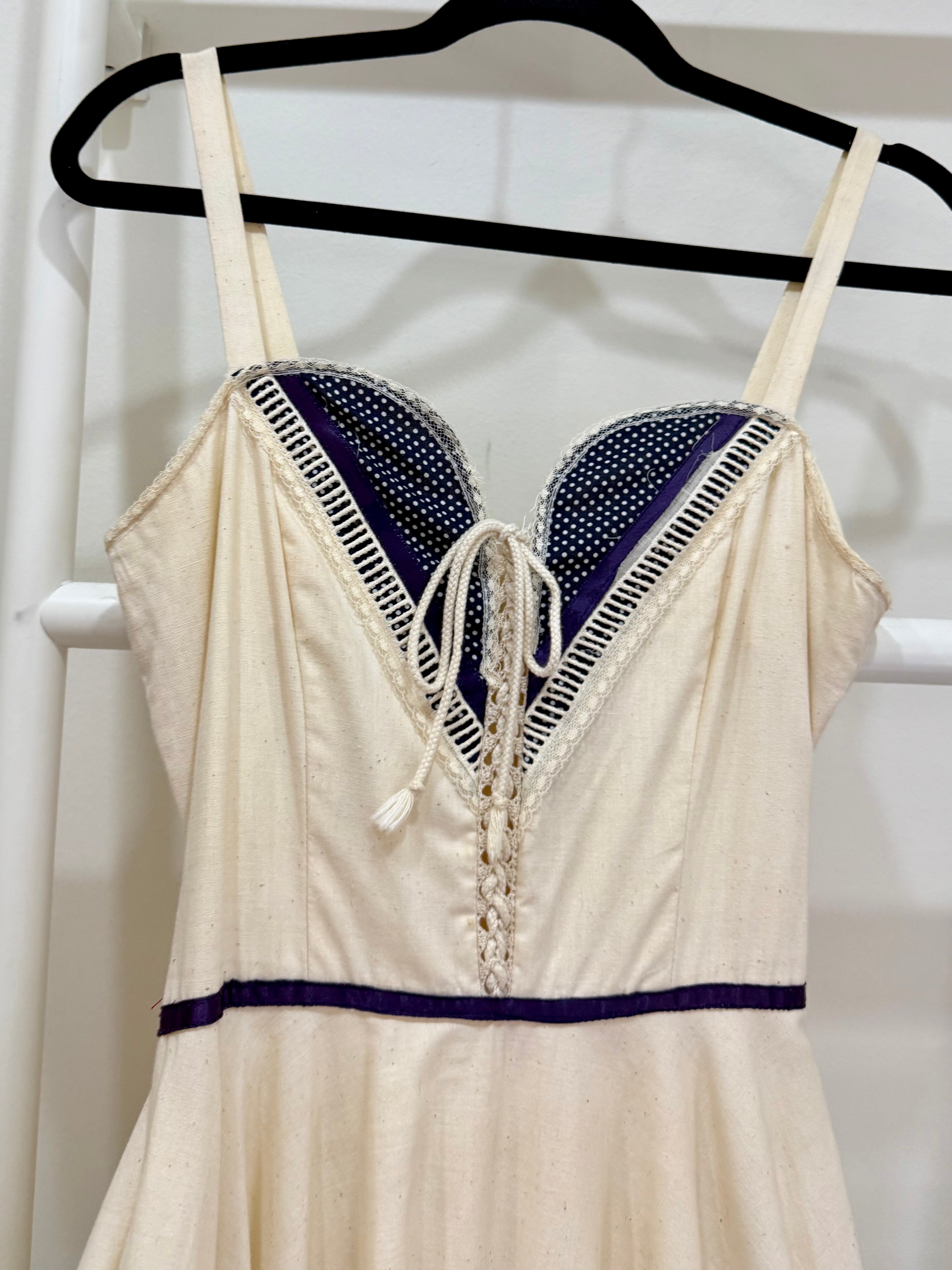1970s Gunne Sax Canvas Blue Trim Midi Sun Dress