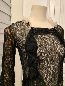 1930s Black Chantilly Lace Gown w/White Lace Collar