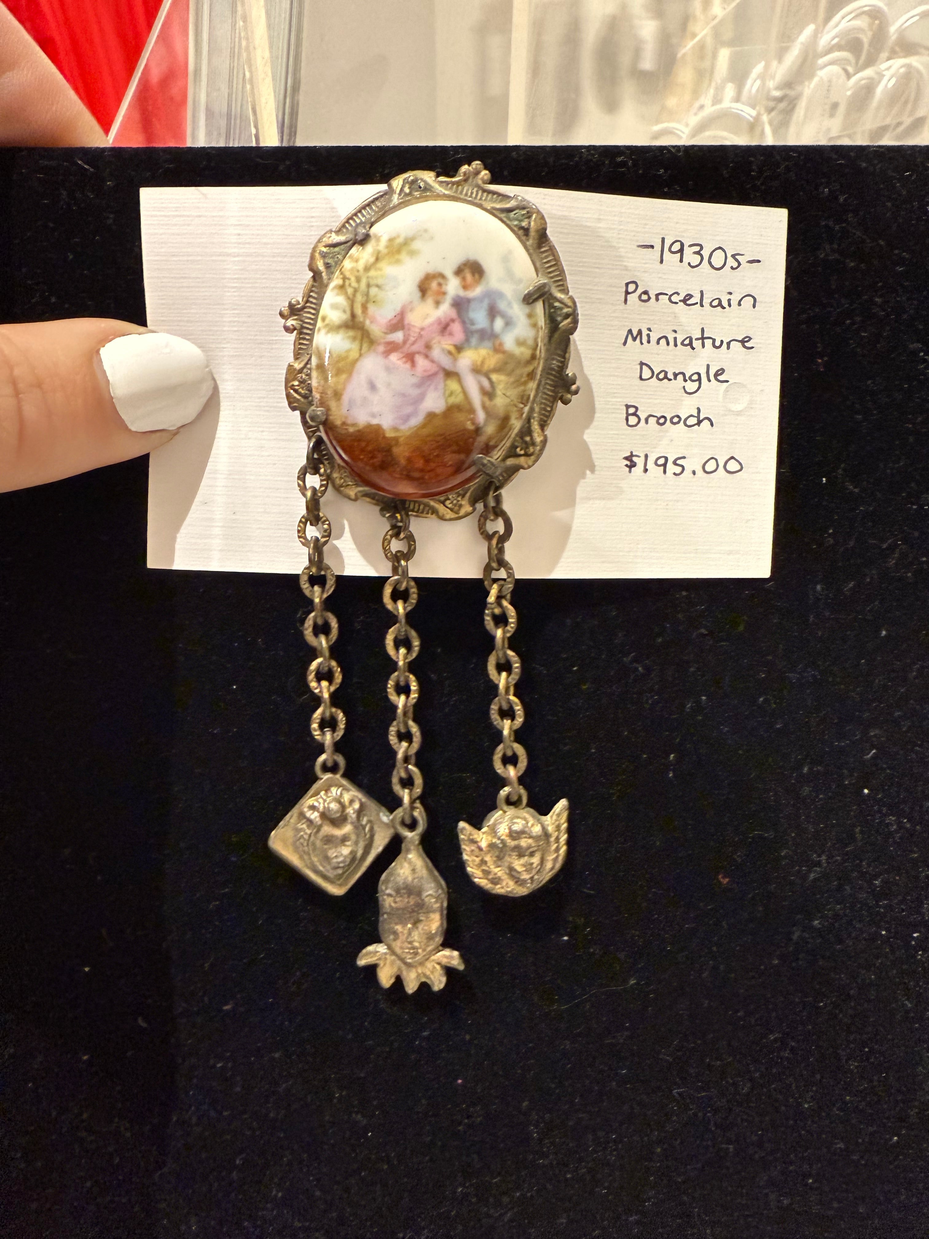 1930s Porcelain Miniature Dangling Charm Brooch