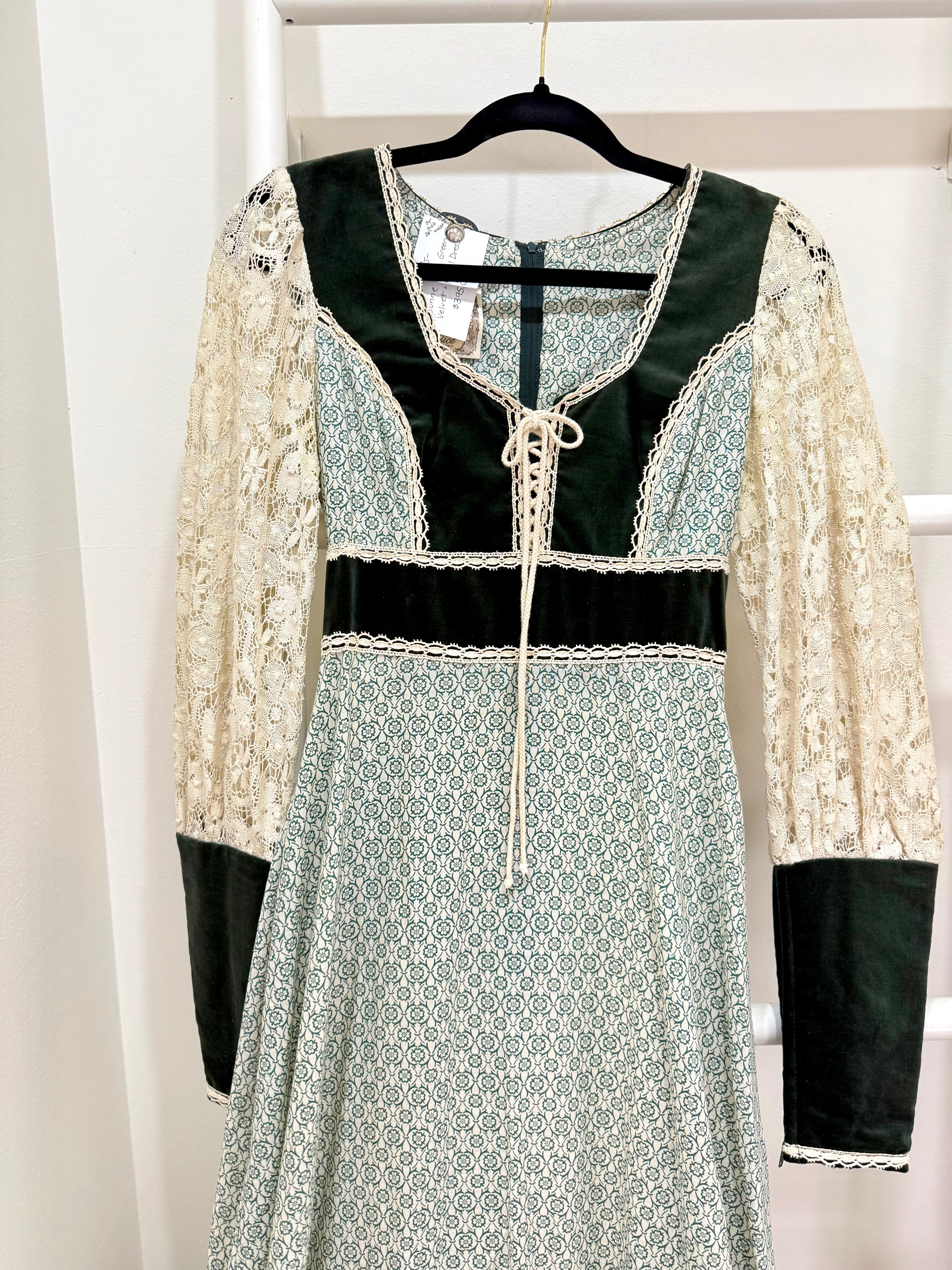 1970s Gunne Sax Green Velvet & Floral Maxi Dress