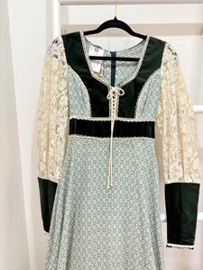 1970s Gunne Sax Green Velvet & Floral Maxi Dress