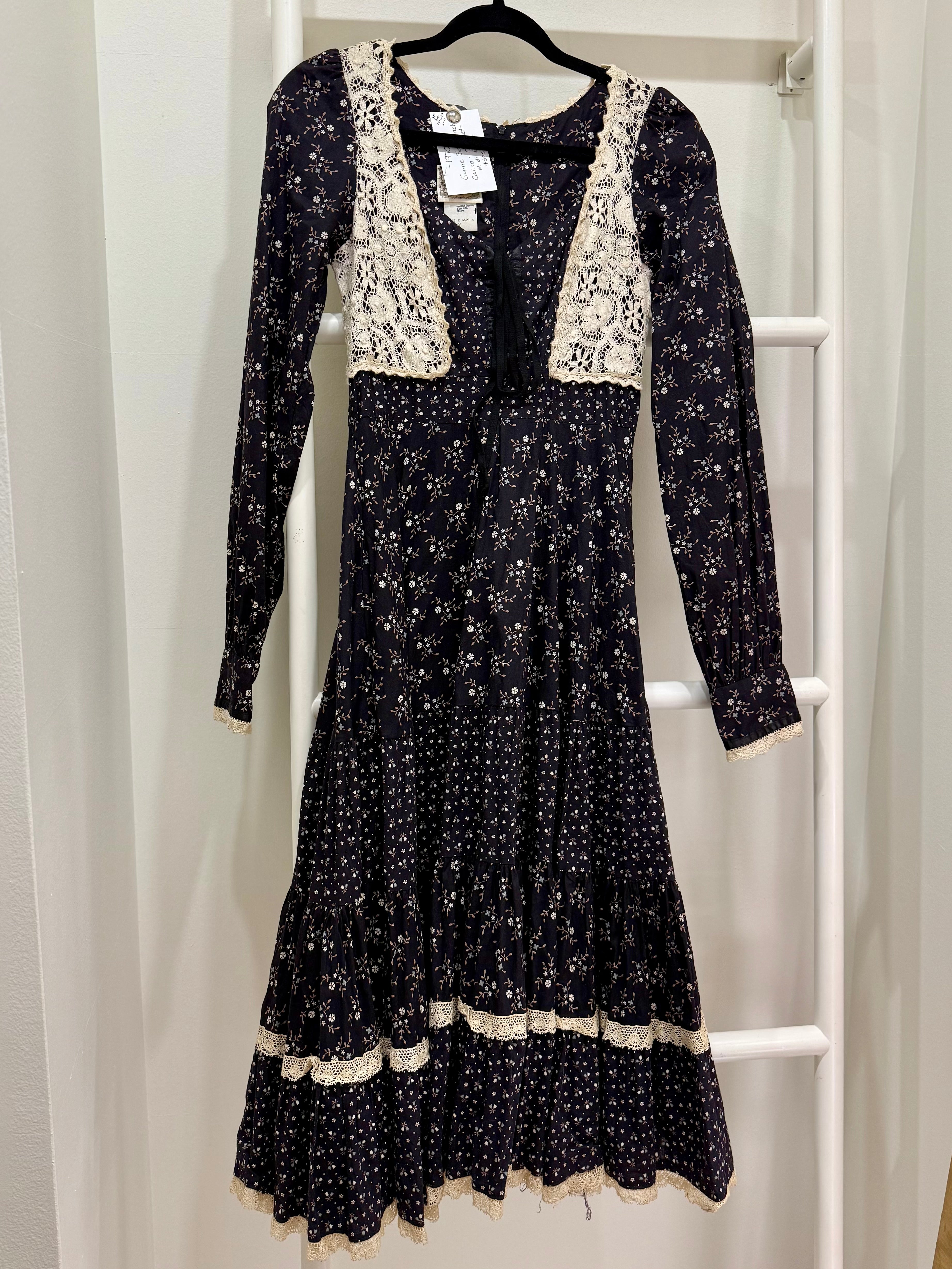 1970s Gunne Sax Black Calico & Crochet Midi Dress