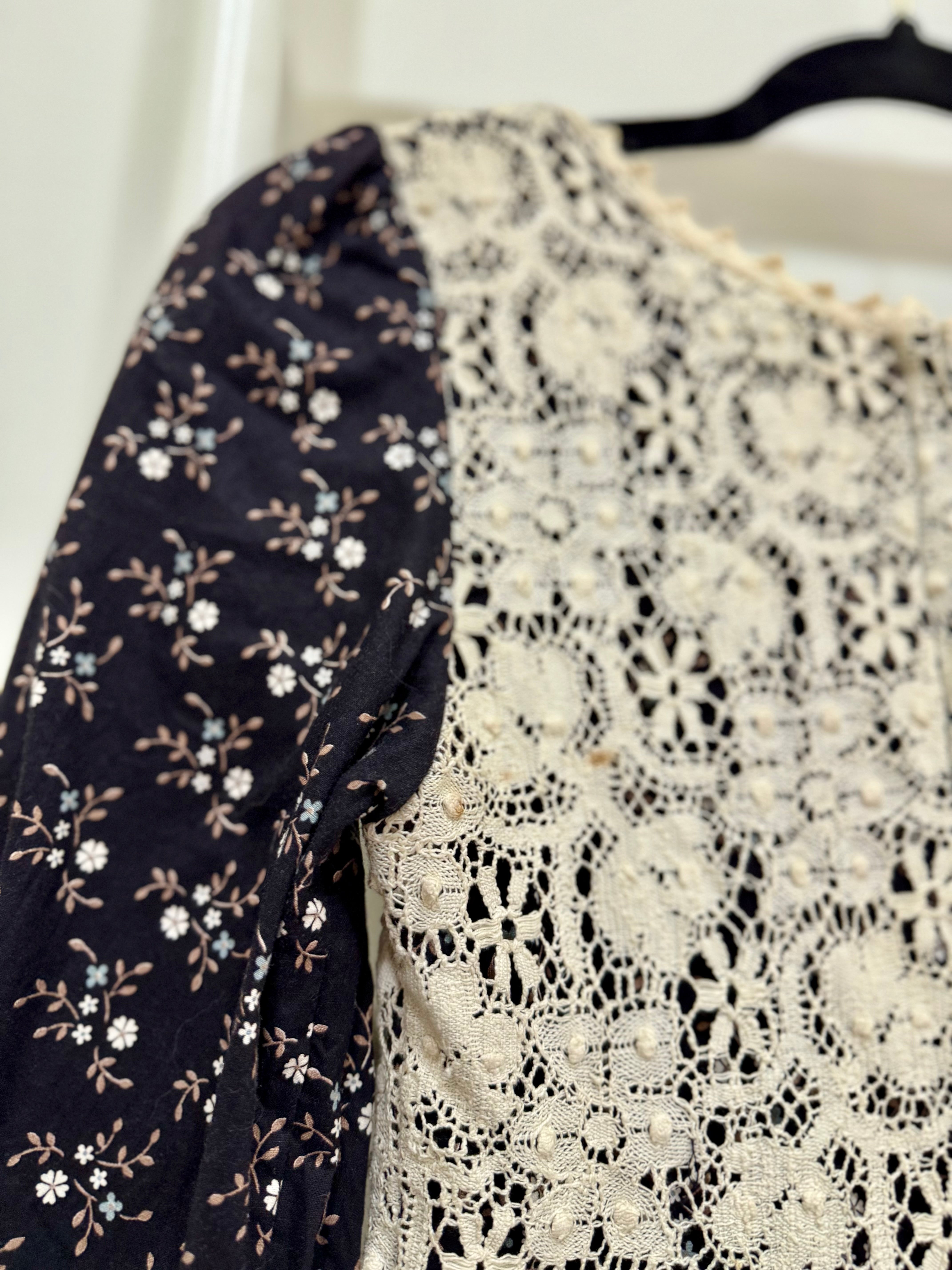 1970s Gunne Sax Black Calico & Crochet Midi Dress