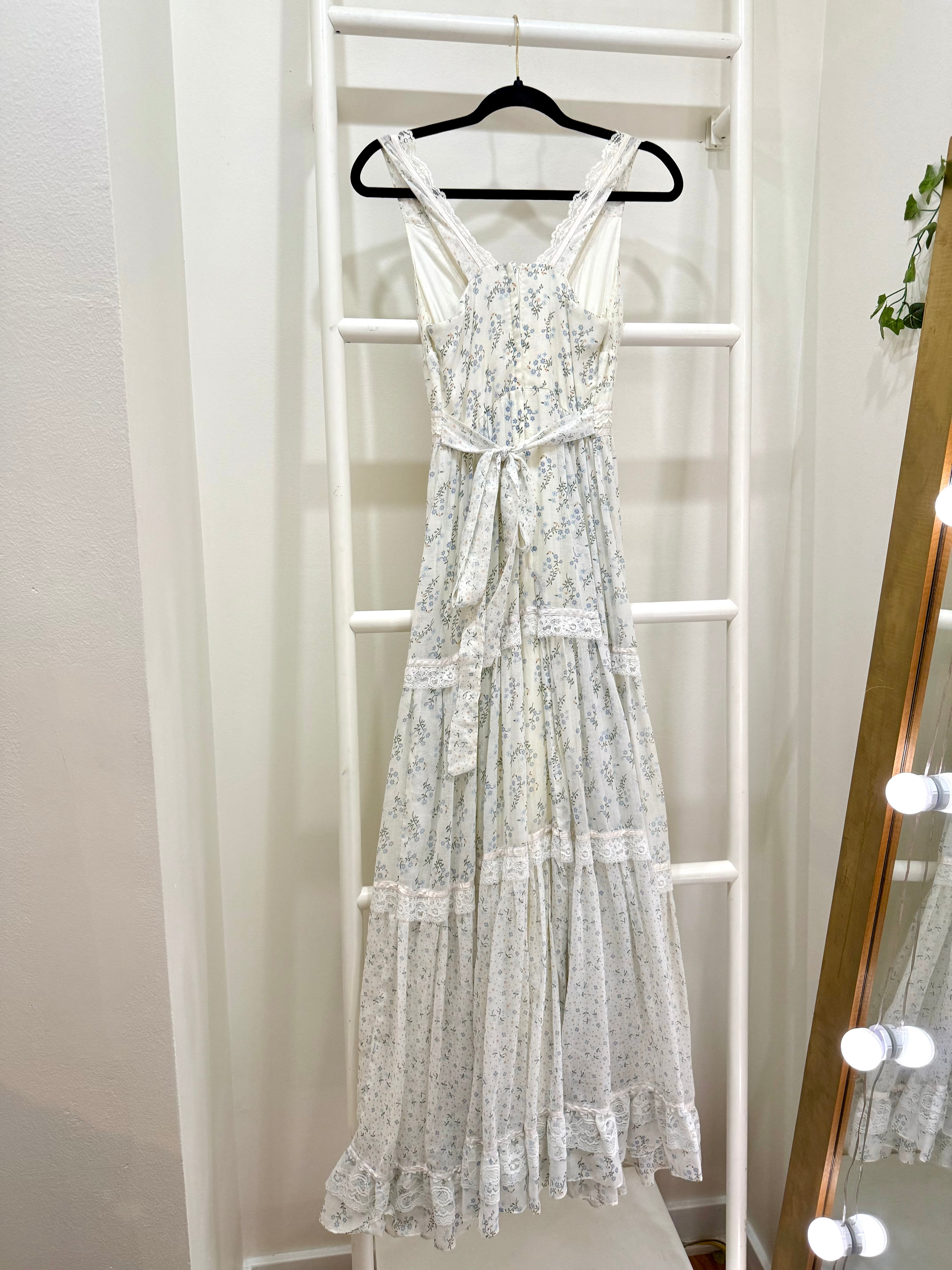 1970s Gunne Sax Blue Floral Maxi Sun Dress