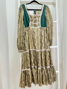 1970s Gunne Sax Green Paisley & Velvet Midi Dress