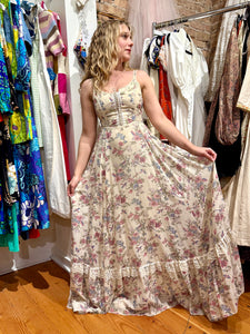 1970s Gunne Sax Bird Print Maxi Sun Dress