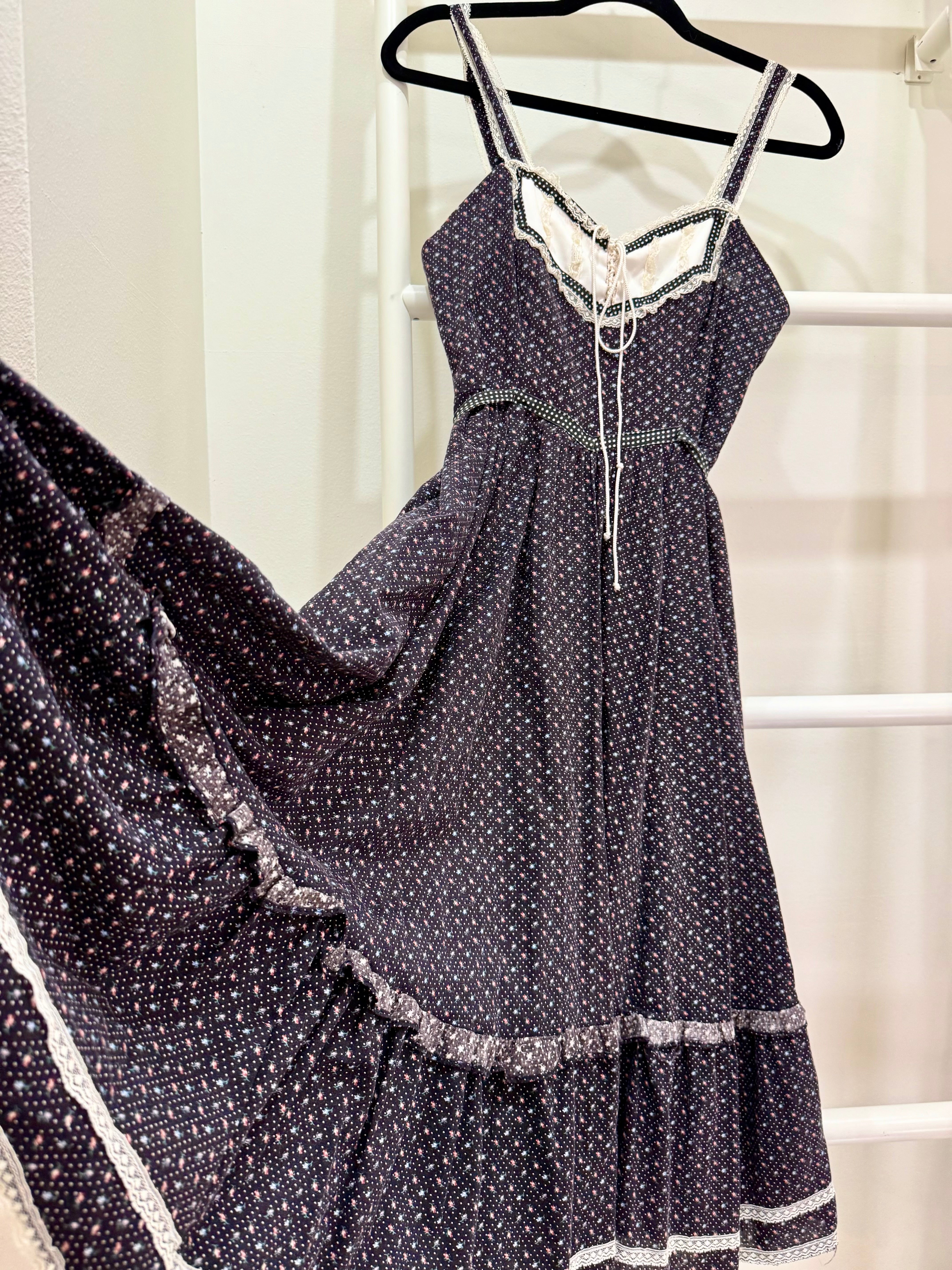 1970s Gunne Sax Black Calico Midi Sun Dress