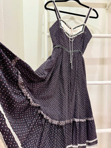1970s Gunne Sax Black Calico Midi Sun Dress