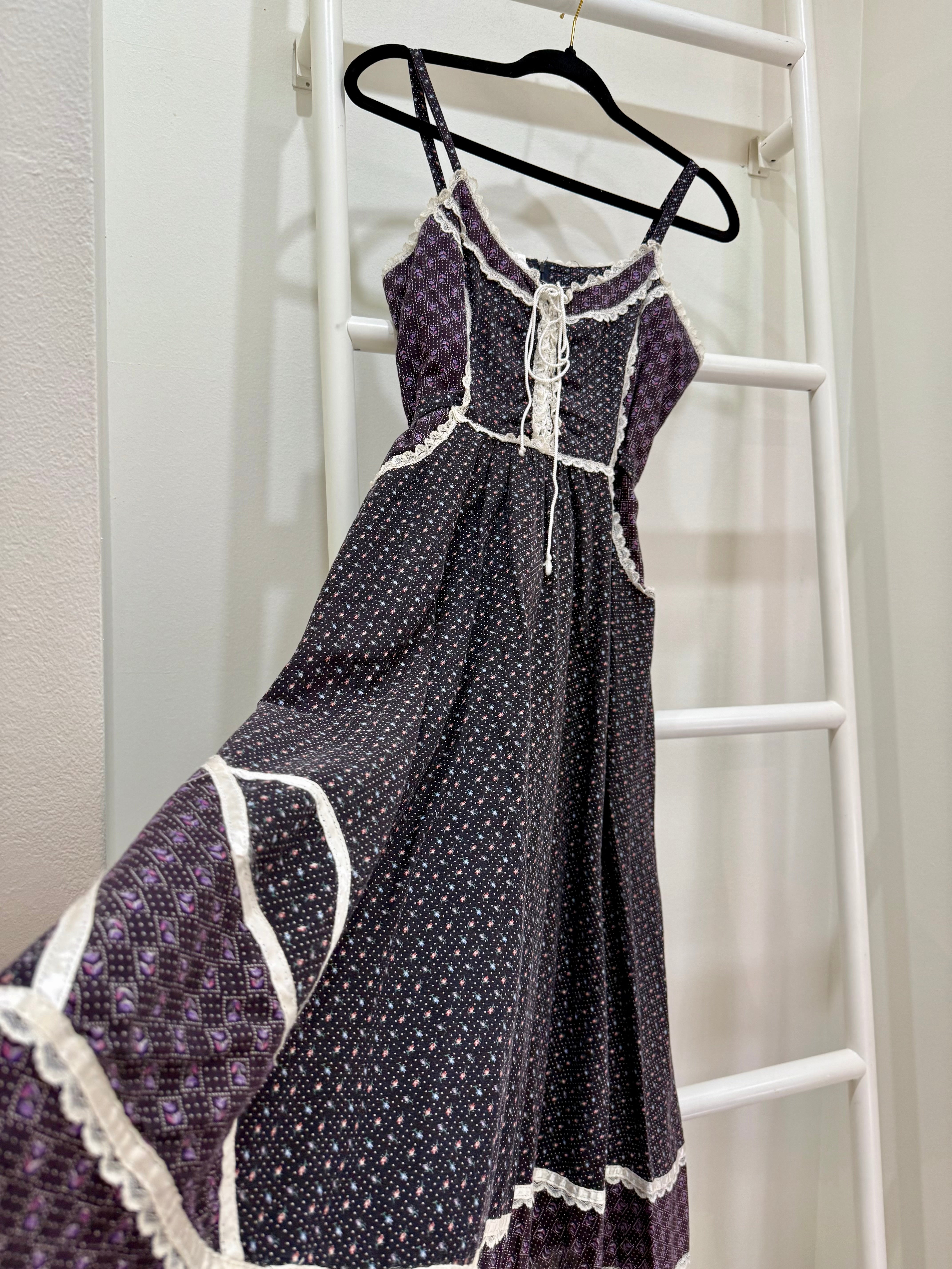 1970s Gunne Sax Purple Mixed Calico Midi Sun Dress