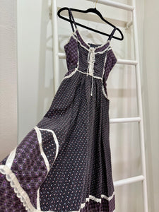 1970s Gunne Sax Purple Mixed Calico Midi Sun Dress