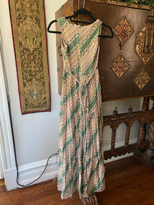 1970s Green & Red Mixed Print Maxi Sun Dress