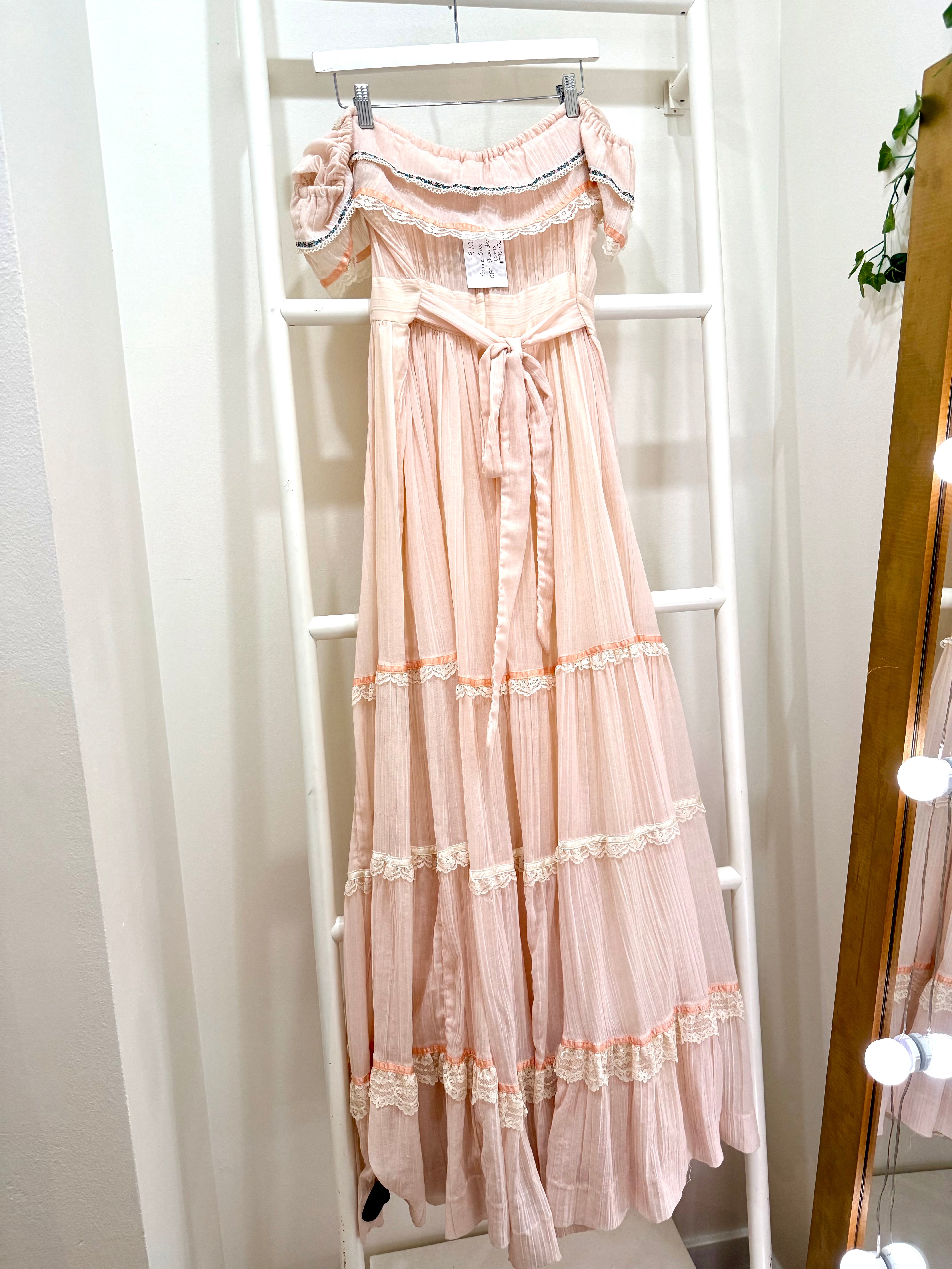 1970s Gunne Sax Peach Off-Shoulder Maxi Dress
