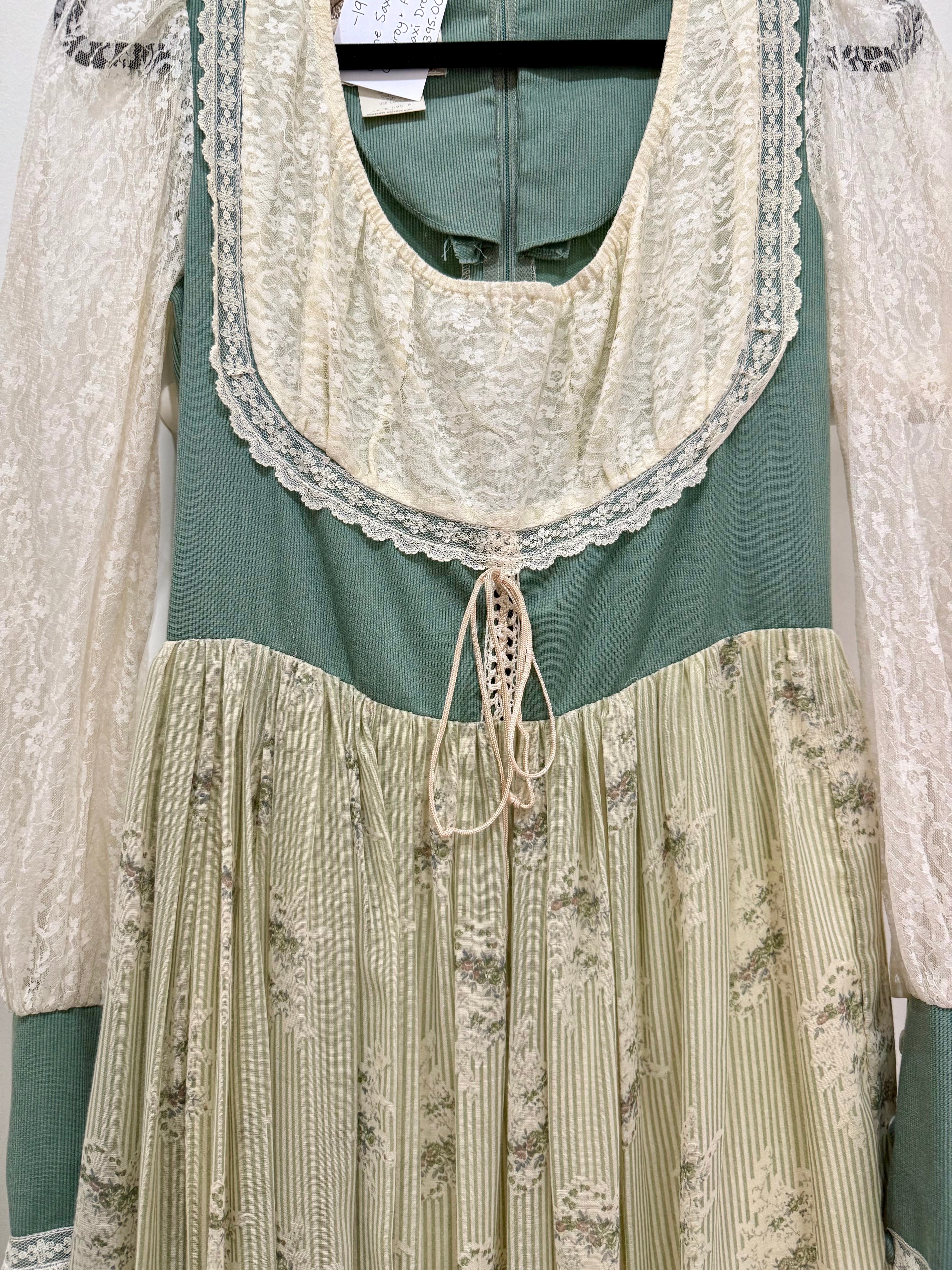 1970s Gunne Sax Green Corduroy & Floral Maxi Dress