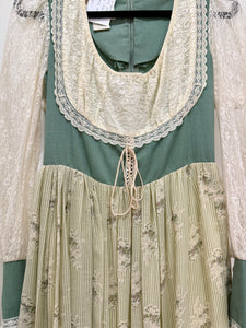 1970s Gunne Sax Green Corduroy & Floral Maxi Dress
