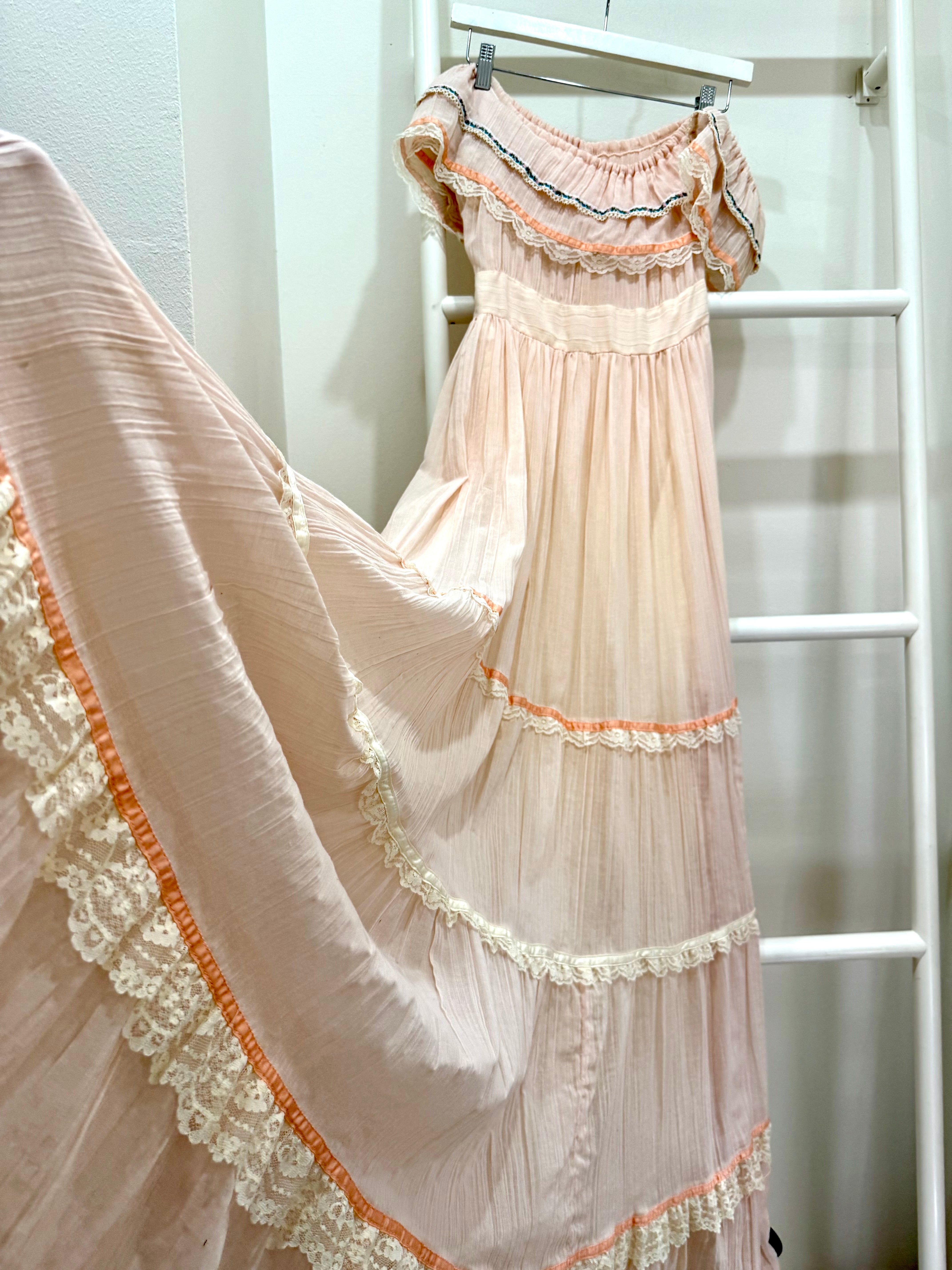 1970s Gunne Sax Peach Off-Shoulder Maxi Dress