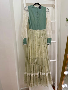 1970s Gunne Sax Green Corduroy & Floral Maxi Dress