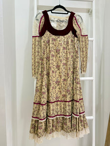1970s Gunne Sax Crimson Velvet & Floral Pattern Sample Tent Dress