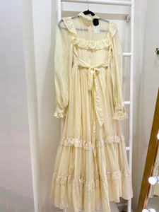 1970s Gunne Sax Cream Ruffle Maxi Dress