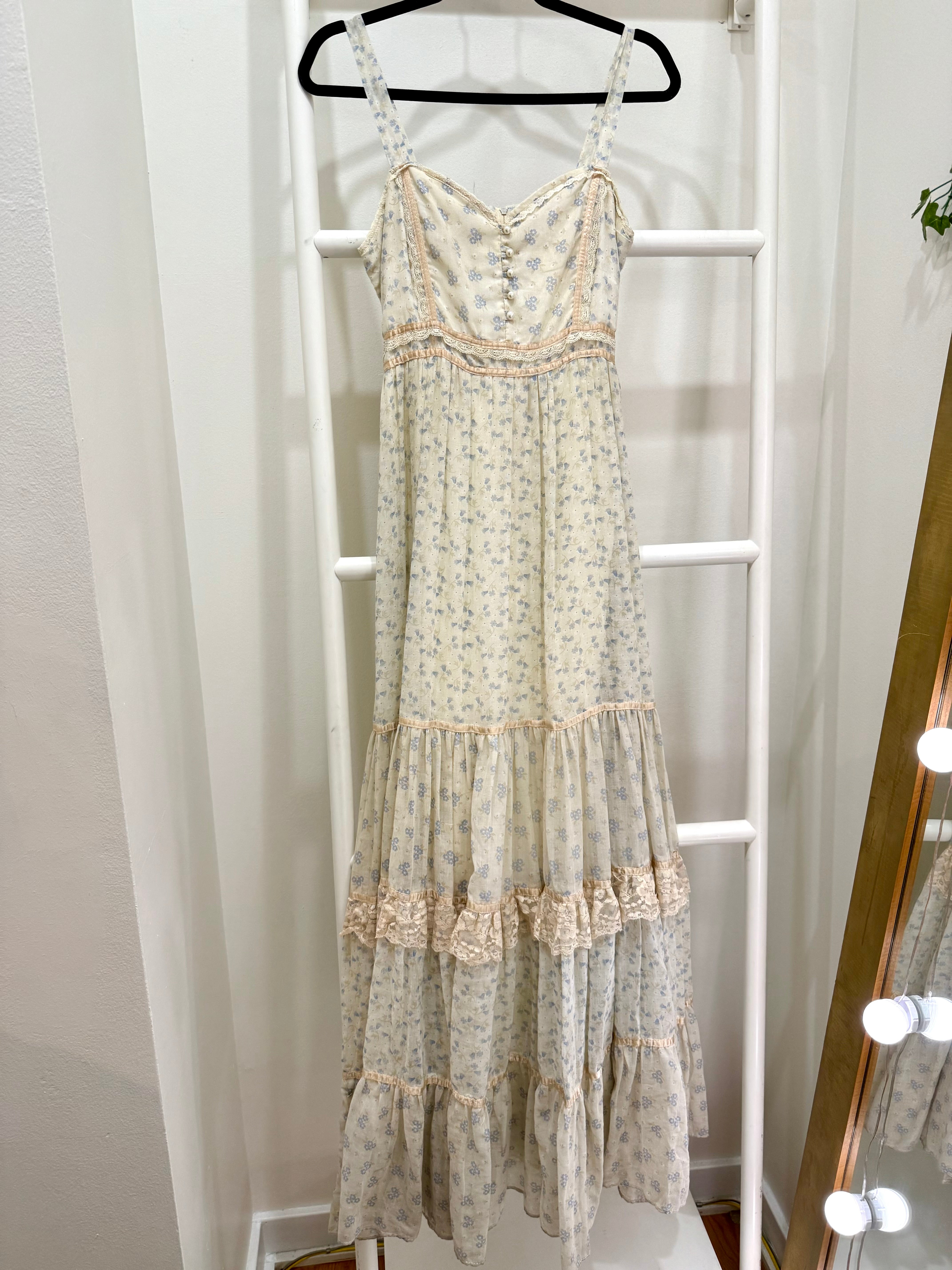 1970s Gunne Sax Golden Tiered Maxi Sun Dress