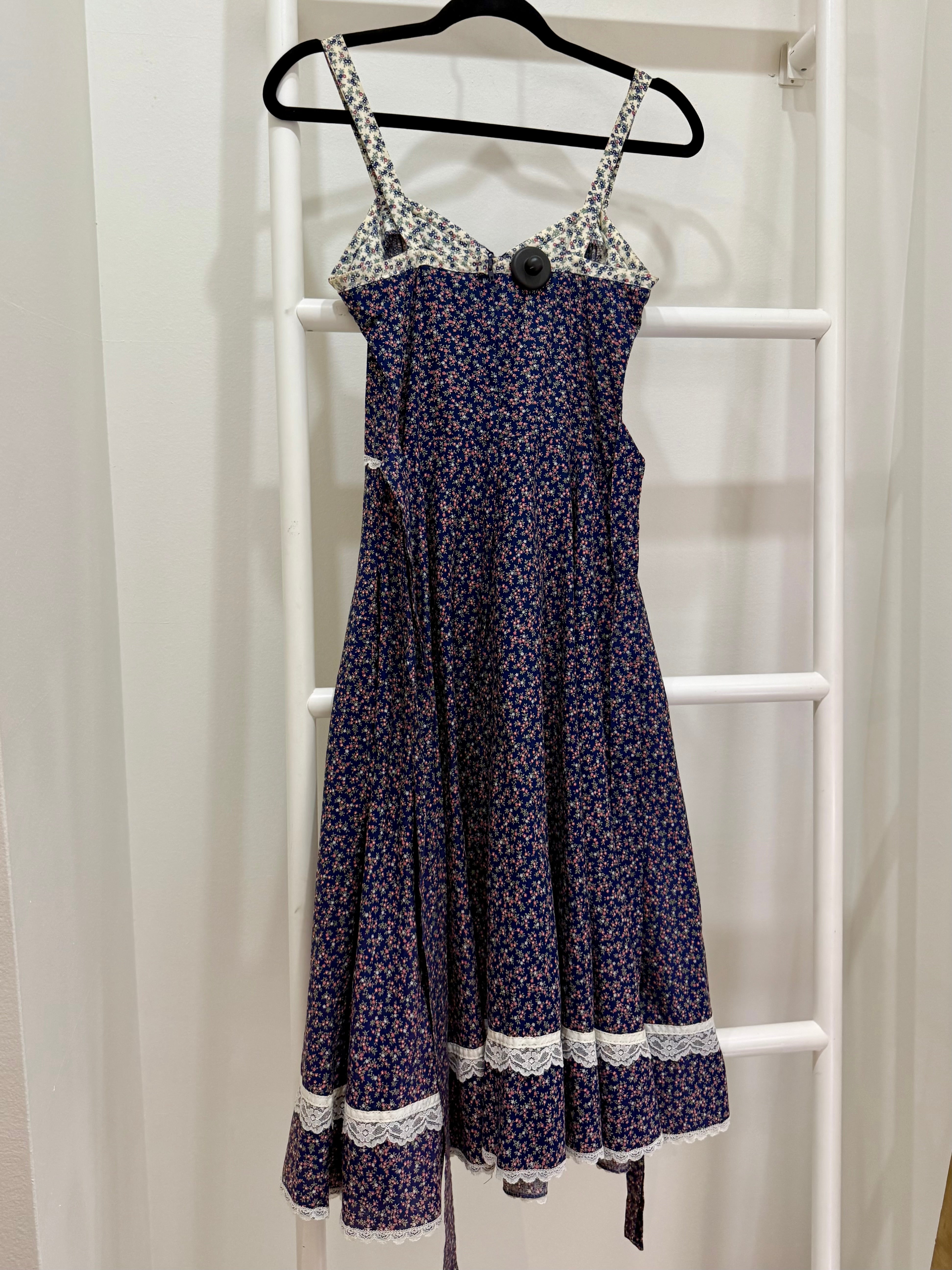 1970s Gunne Sax Navy Calico Sun Dress & Jacket Ensemble