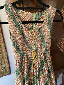 1970s Green & Red Mixed Print Maxi Sun Dress