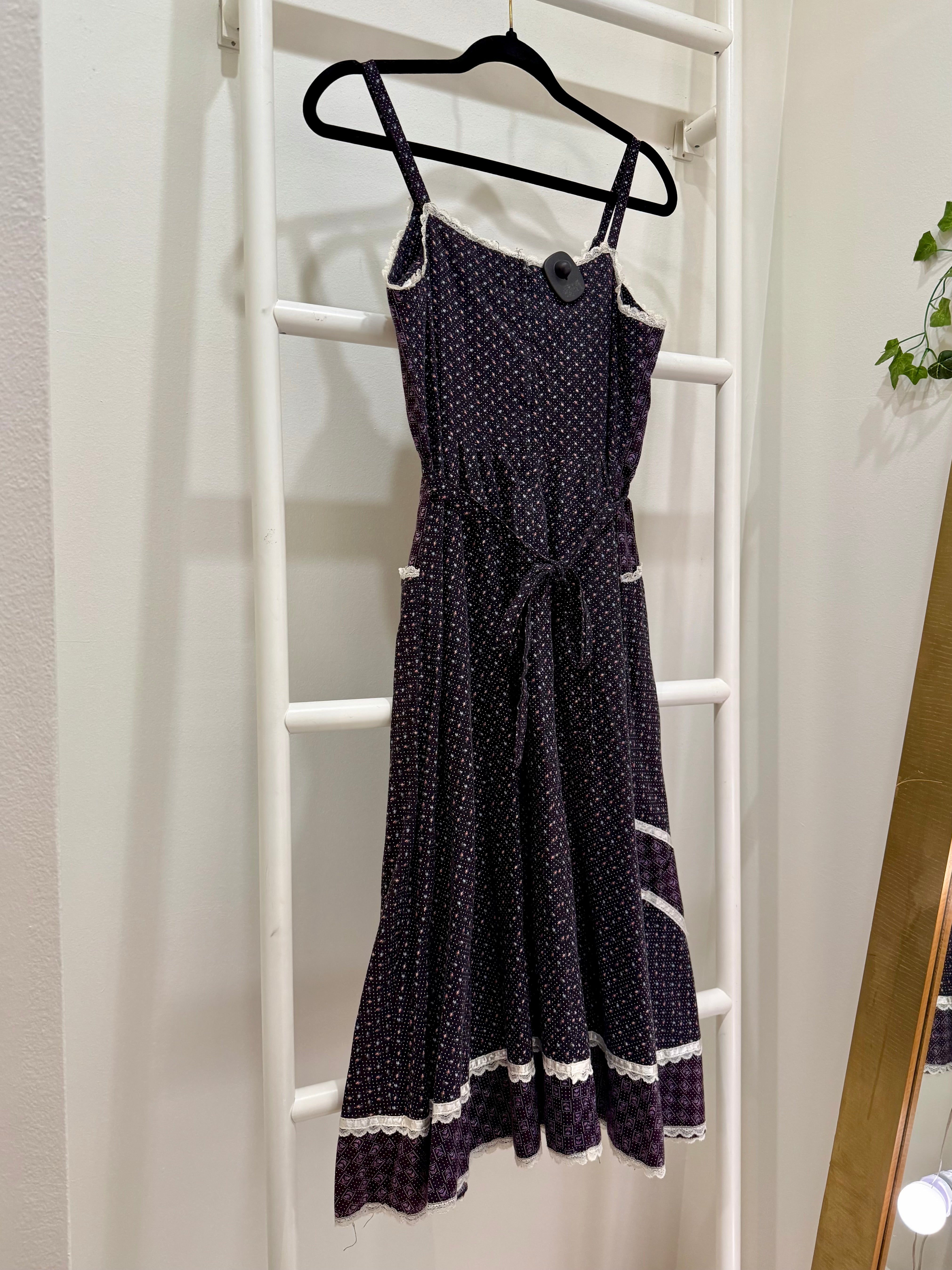 1970s Gunne Sax Purple Mixed Calico Midi Sun Dress