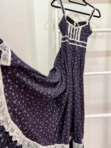 1970s Gunne Sax Black Calico Maxi Sun Dress