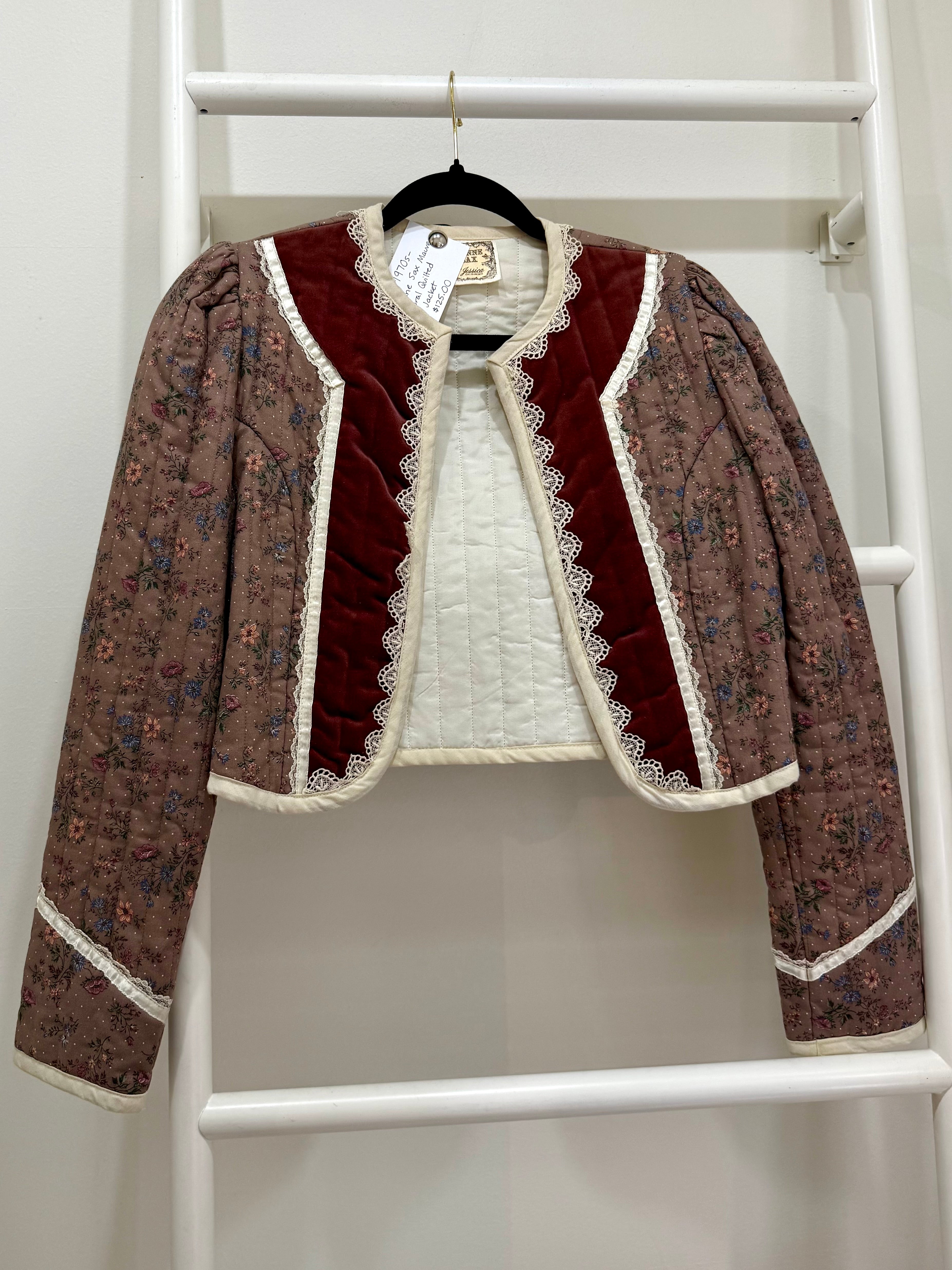 1970s Gunne Sax Mauve Floral & Velvet Quilted Jacket