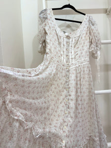 1970s Gunne Sax Pink Floral Puff Sleeve Midi Dress