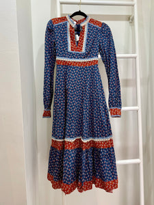 1970s Gunne Sax Blue & Red Calico Midi Dress