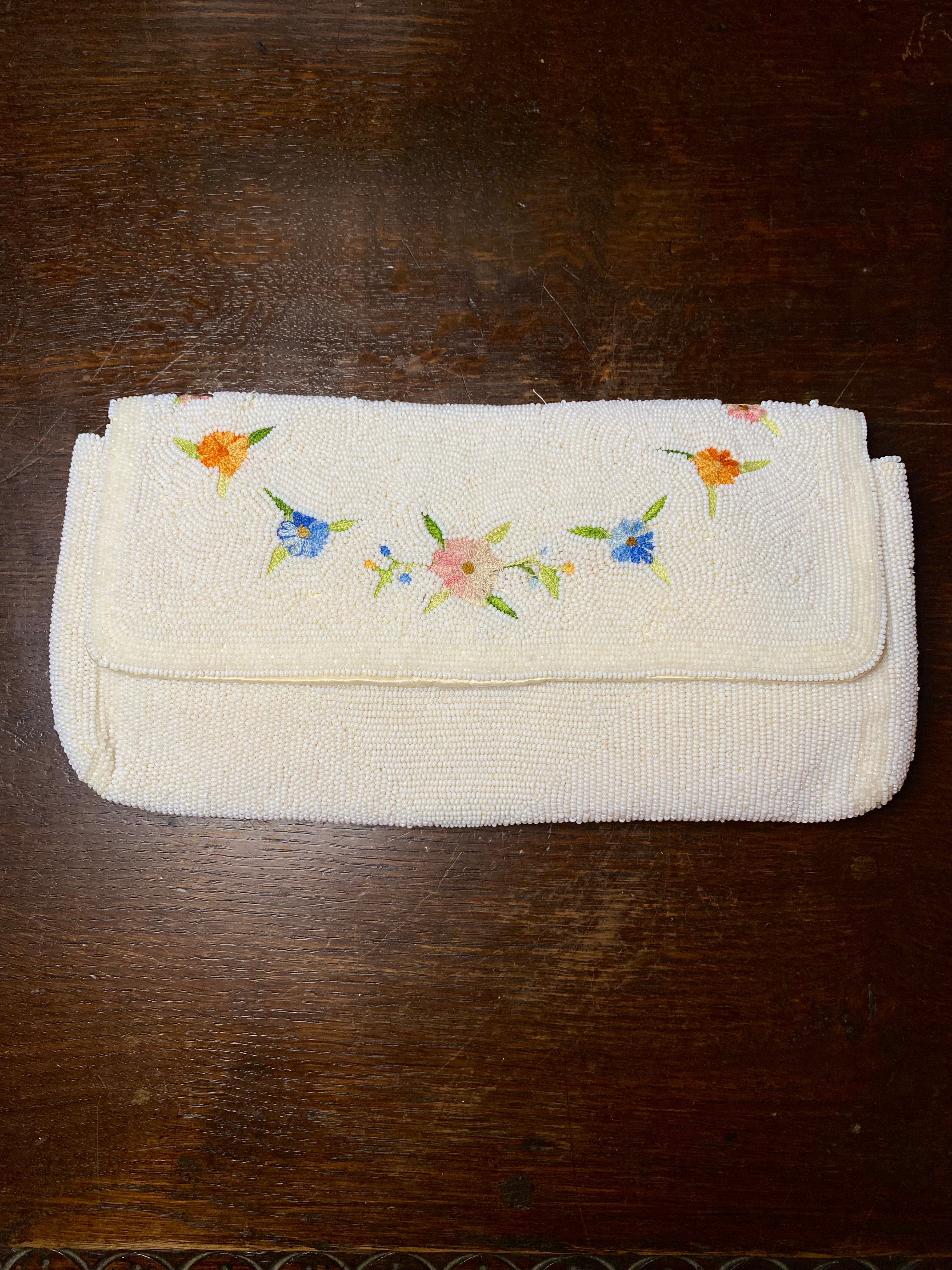 1950s B. Altman White Beaded Floral Embroidered Clutch