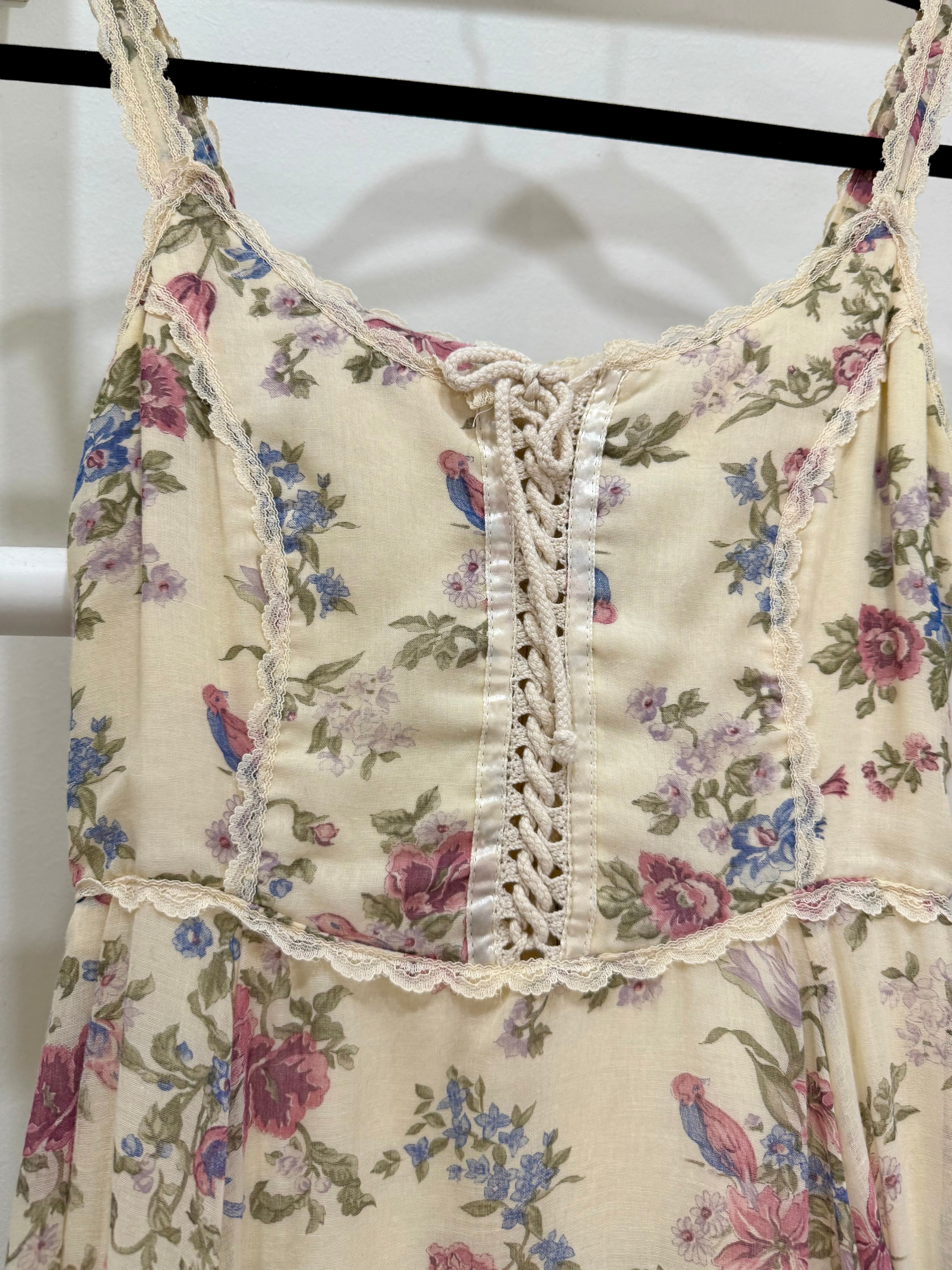 1970s Gunne Sax Bird Print Maxi Sun Dress