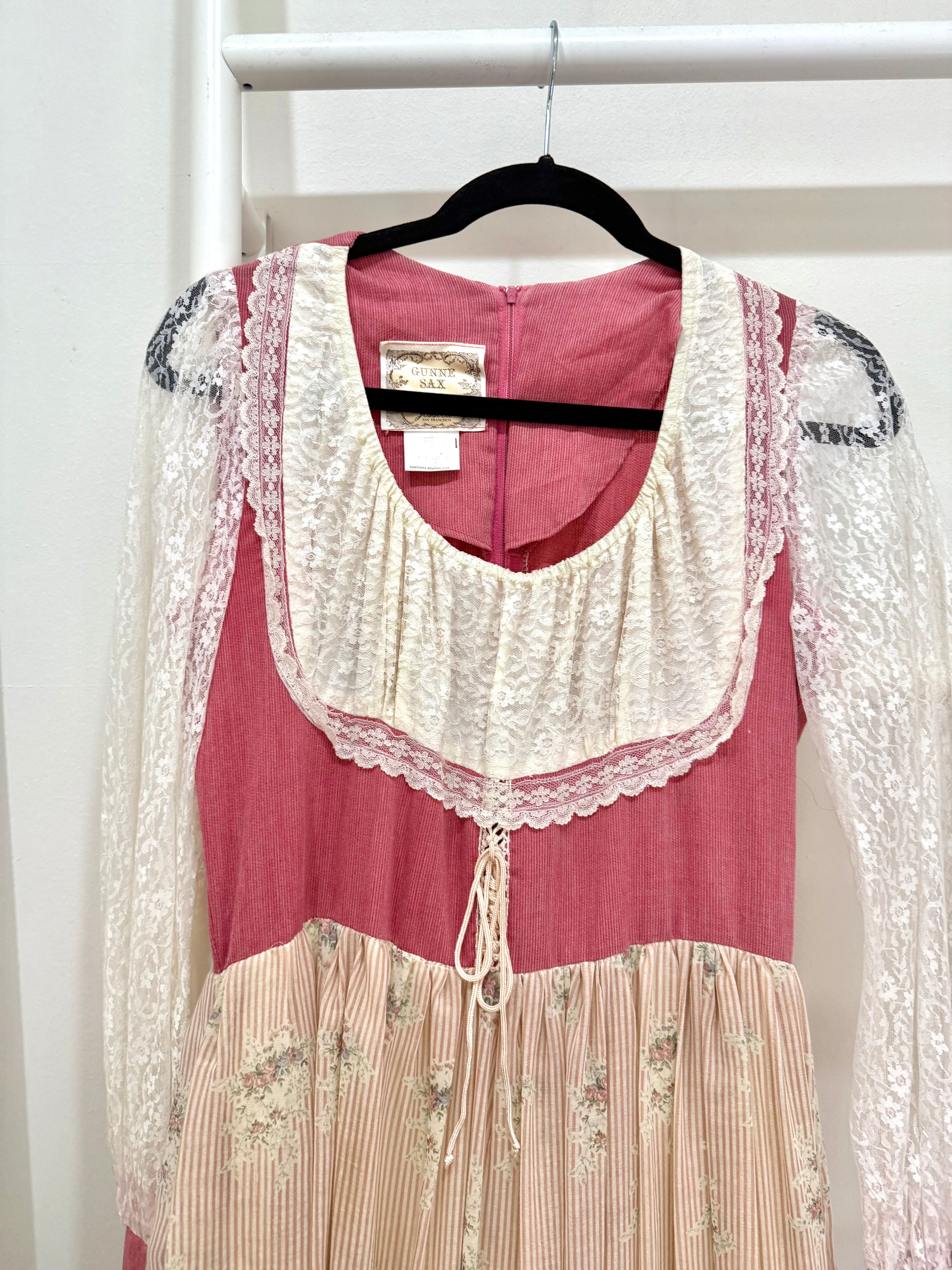 1970s Gunne Sax Pink Corduroy & Floral Maxi Dress