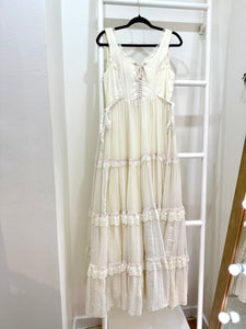 1970s Gunne Sax Cream Side Tie Tiered Maxi Dress