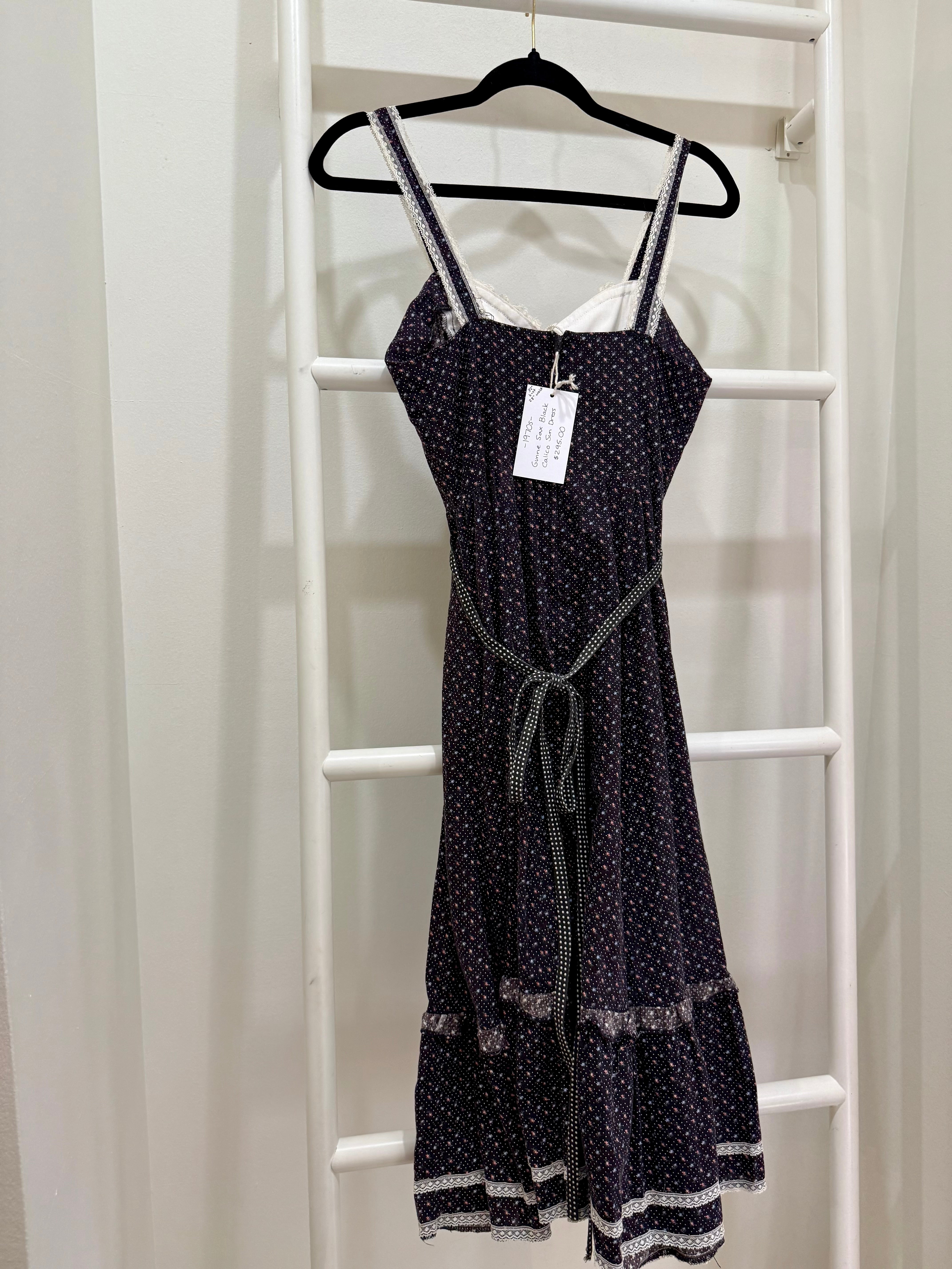 1970s Gunne Sax Black Calico Midi Sun Dress