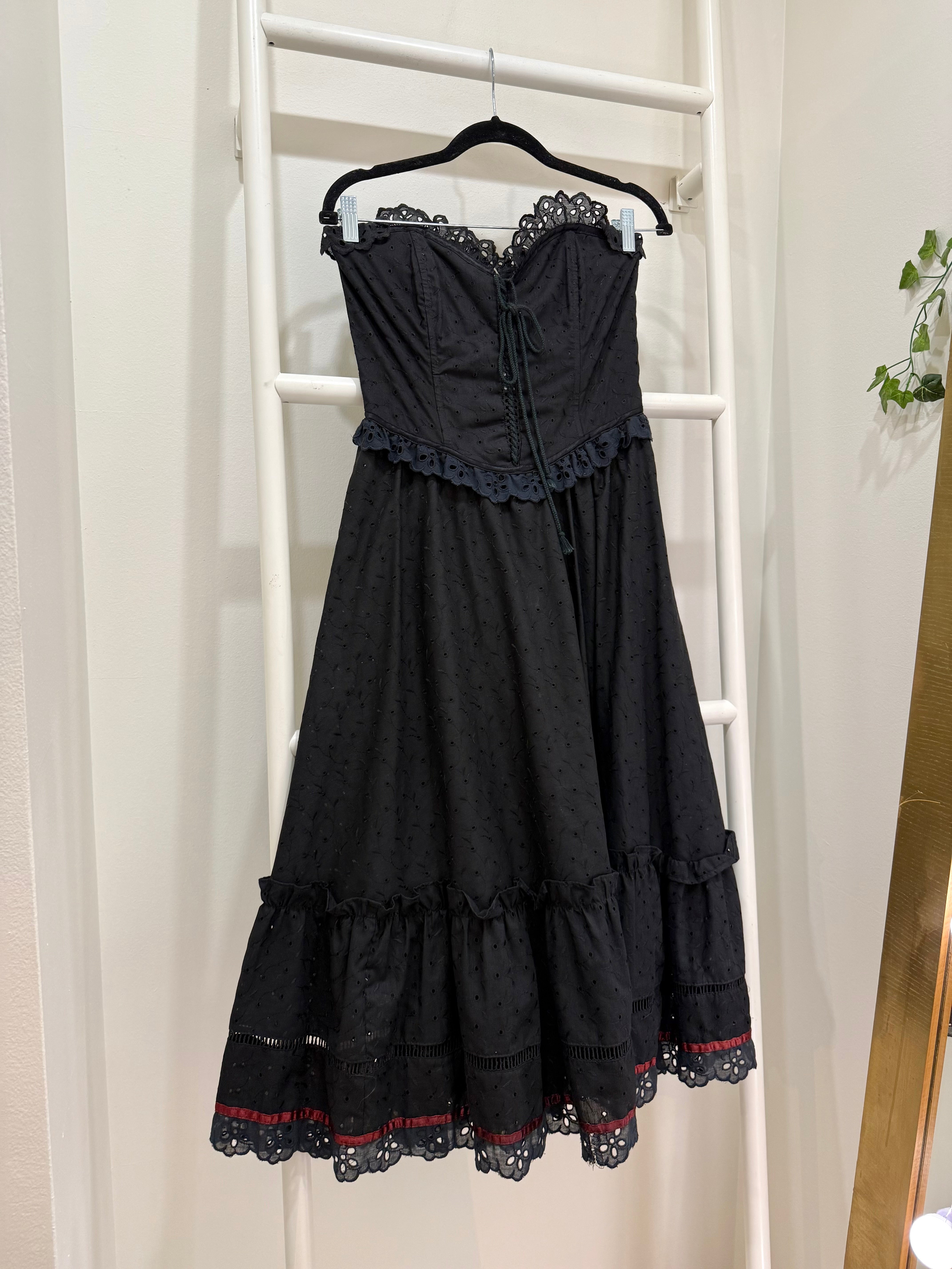 1980s Gunne Sax Black Eyelet Corset Midi Dress