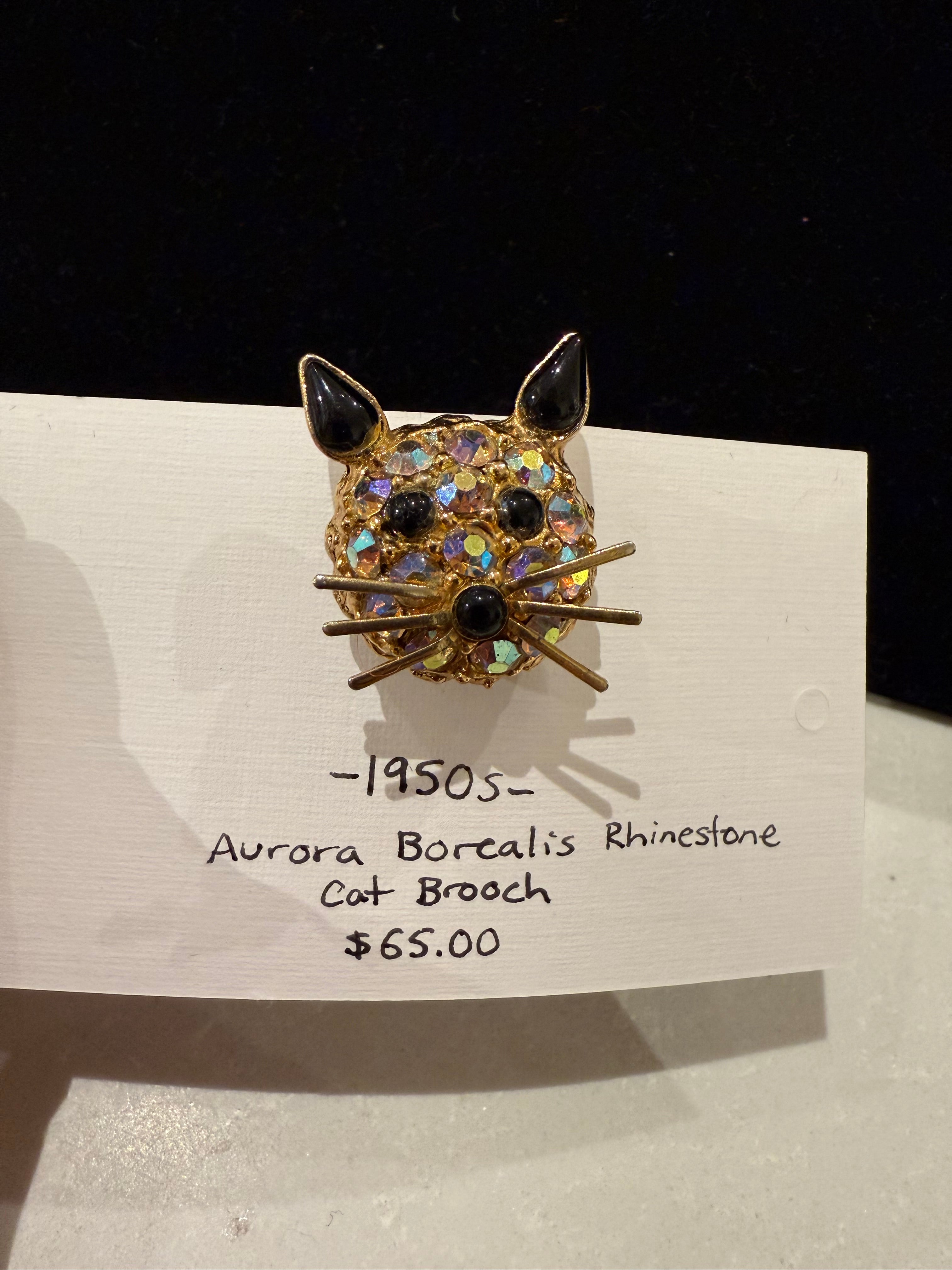 1950s Aurora Borealis Rhinestone Cat Brooch