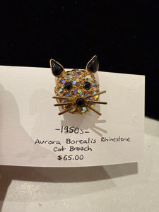 1950s Aurora Borealis Rhinestone Cat Brooch