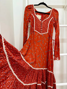 1970s Gunne Sax Red Calico Midi Dress