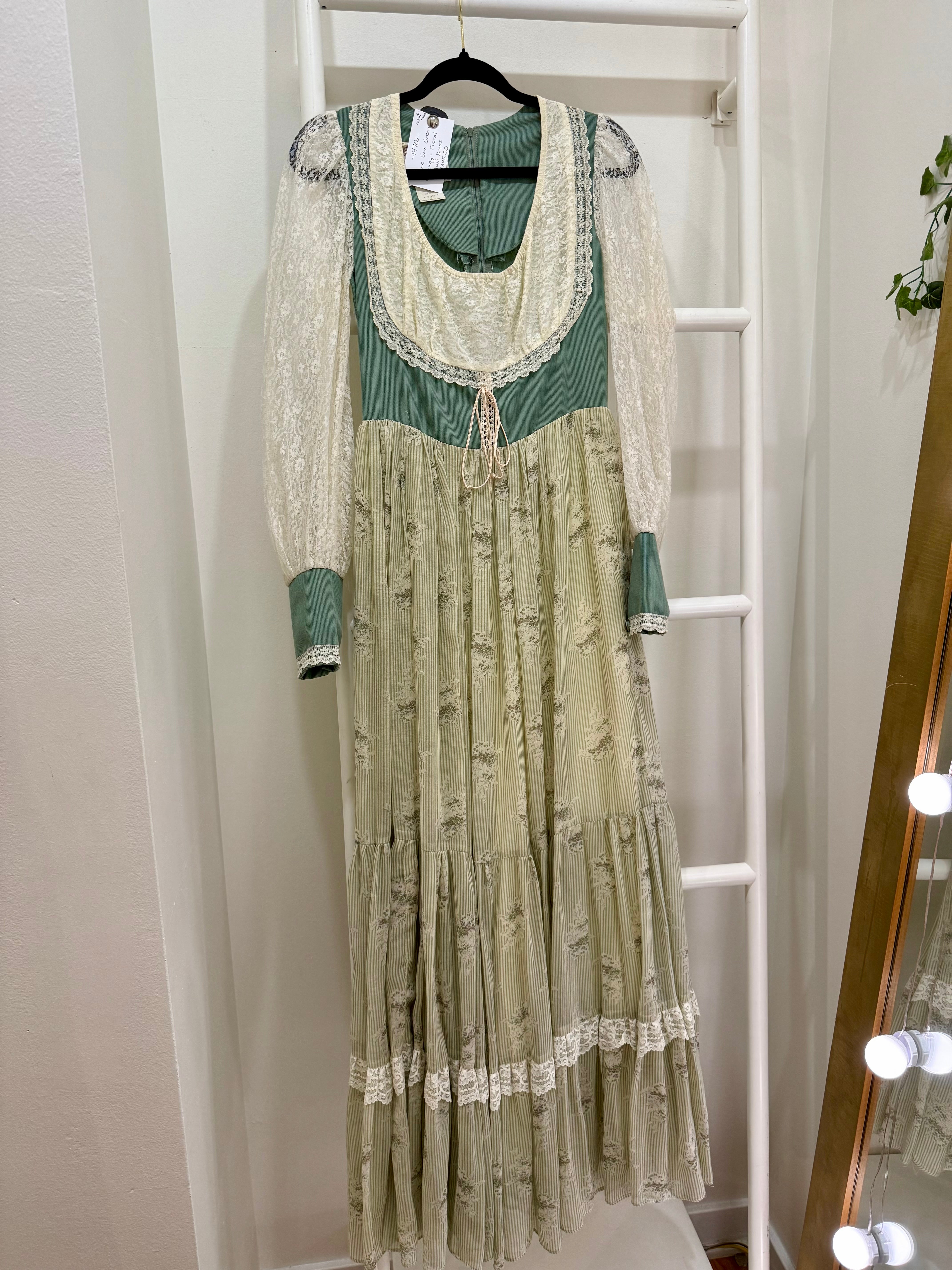 1970s Gunne Sax Green Corduroy & Floral Maxi Dress