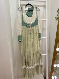 1970s Gunne Sax Green Corduroy & Floral Maxi Dress