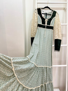 1970s Gunne Sax Green Velvet & Floral Maxi Dress