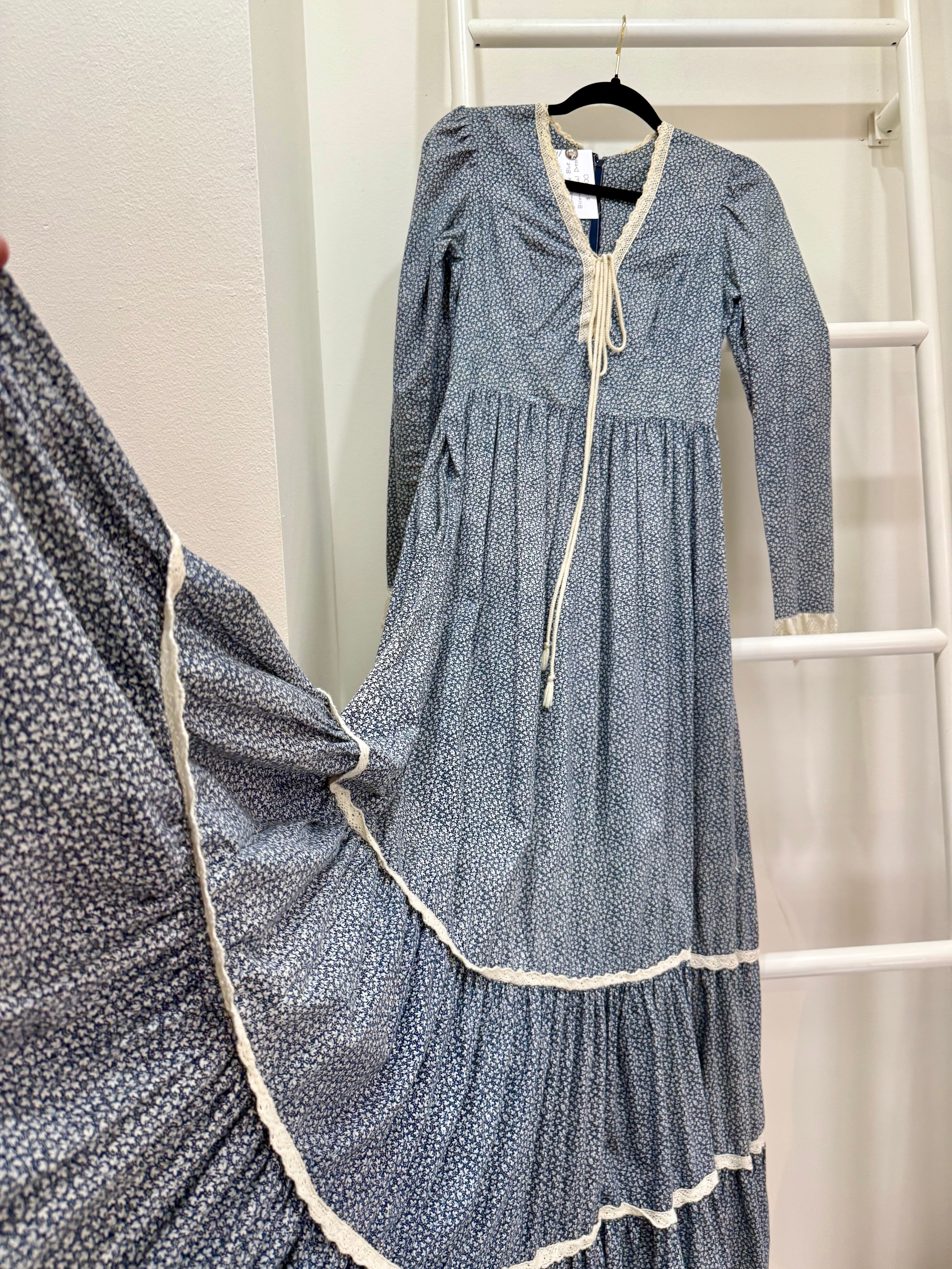 1970s Gunne Sax Blue Calico Bicentennial Maxi Dress