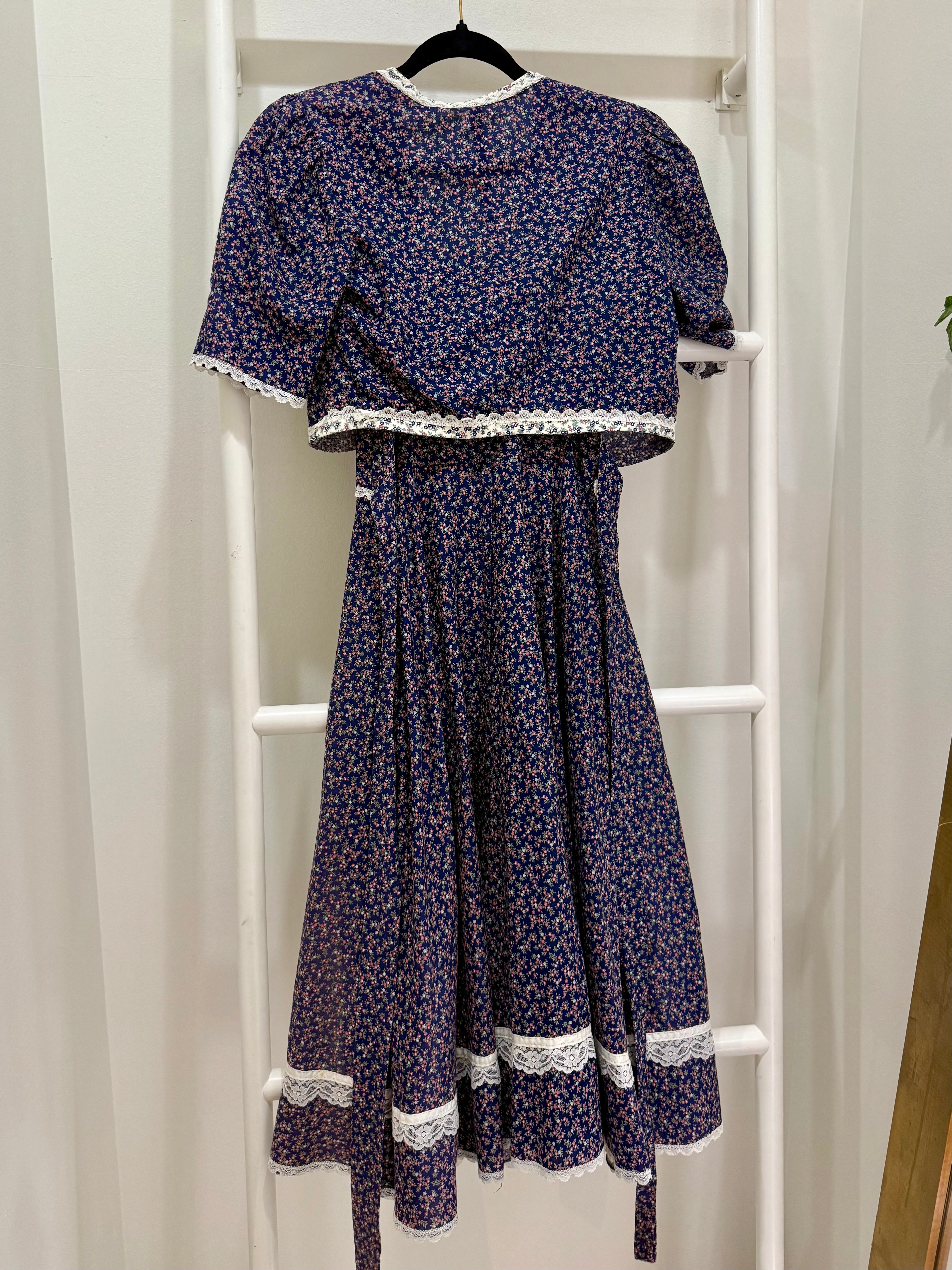 1970s Gunne Sax Navy Calico Sun Dress & Jacket Ensemble