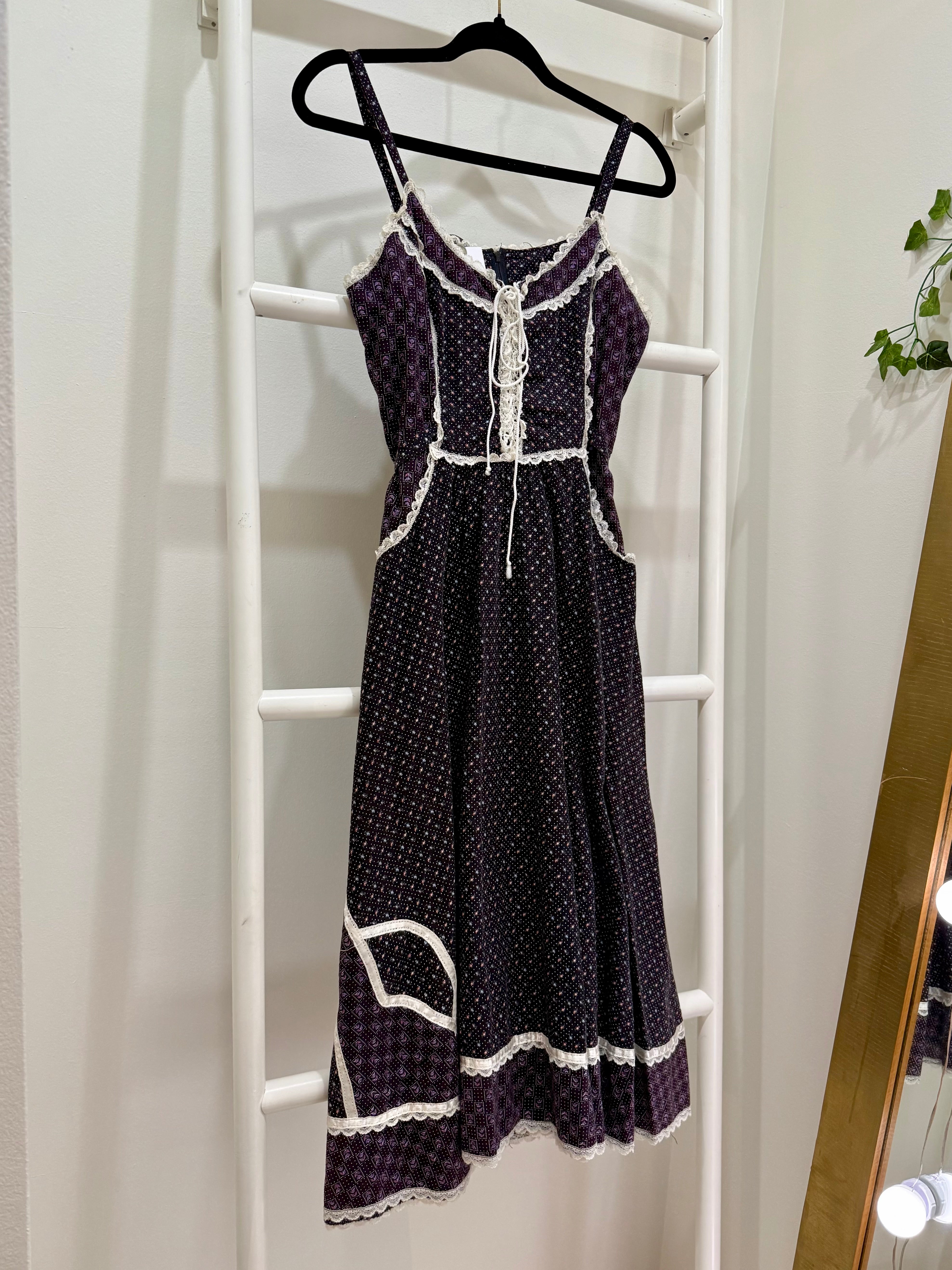 1970s Gunne Sax Purple Mixed Calico Midi Sun Dress