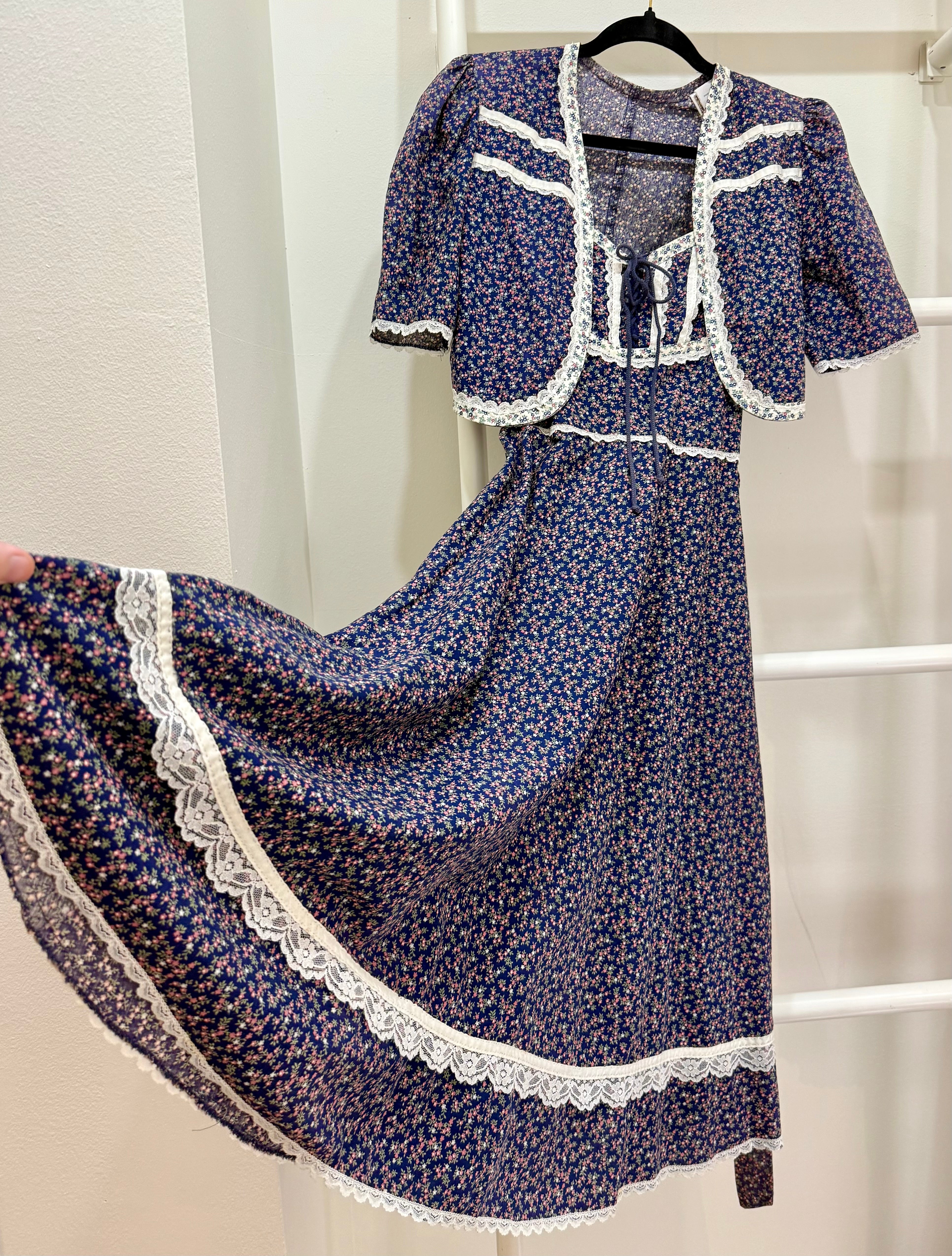 1970s Gunne Sax Navy Calico Sun Dress & Jacket Ensemble