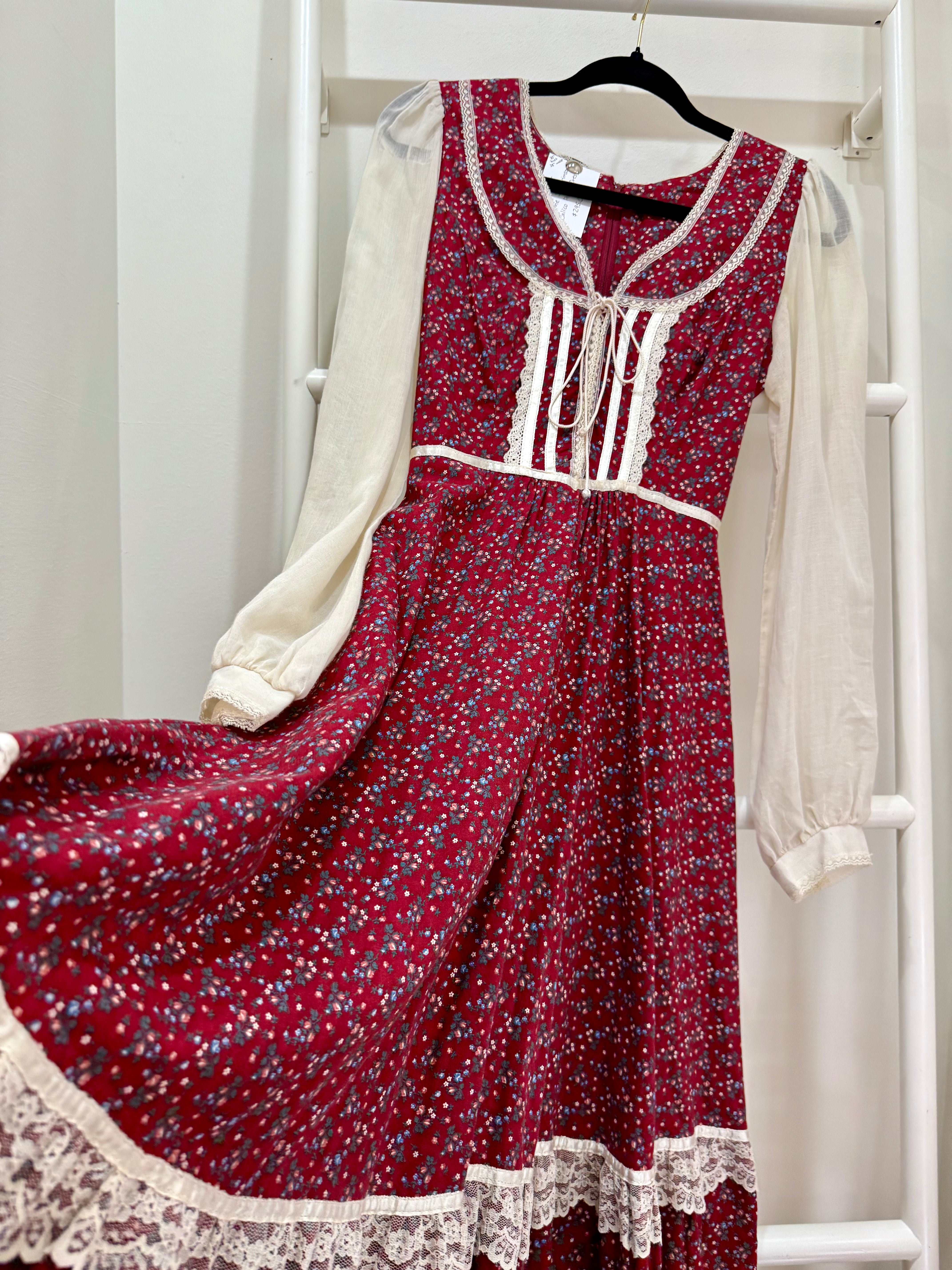 1970s Gunne Sax Red Calico Midi Dress