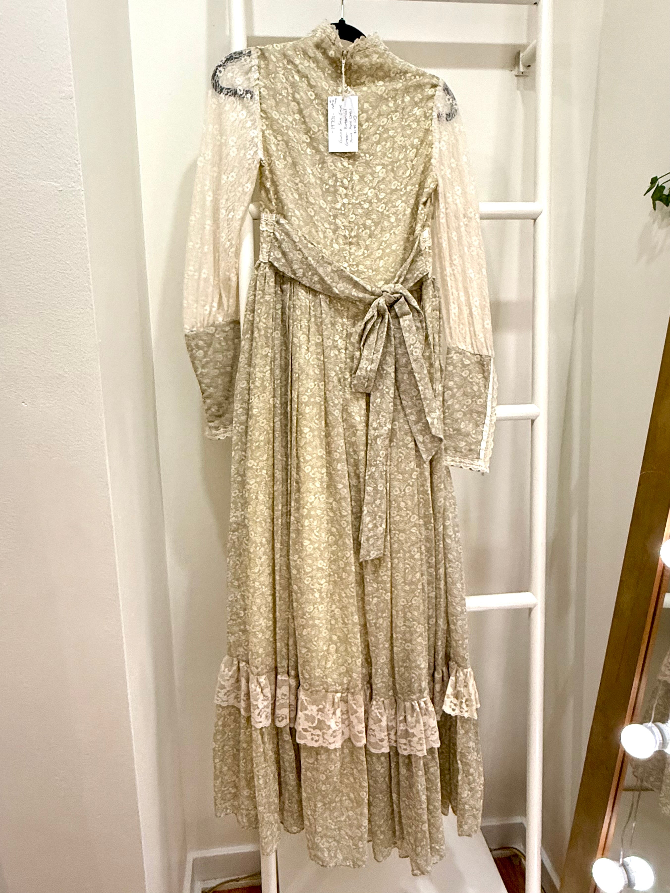 1970s Gunne Sax Sage Green Lace Sleeve Maxi Dress