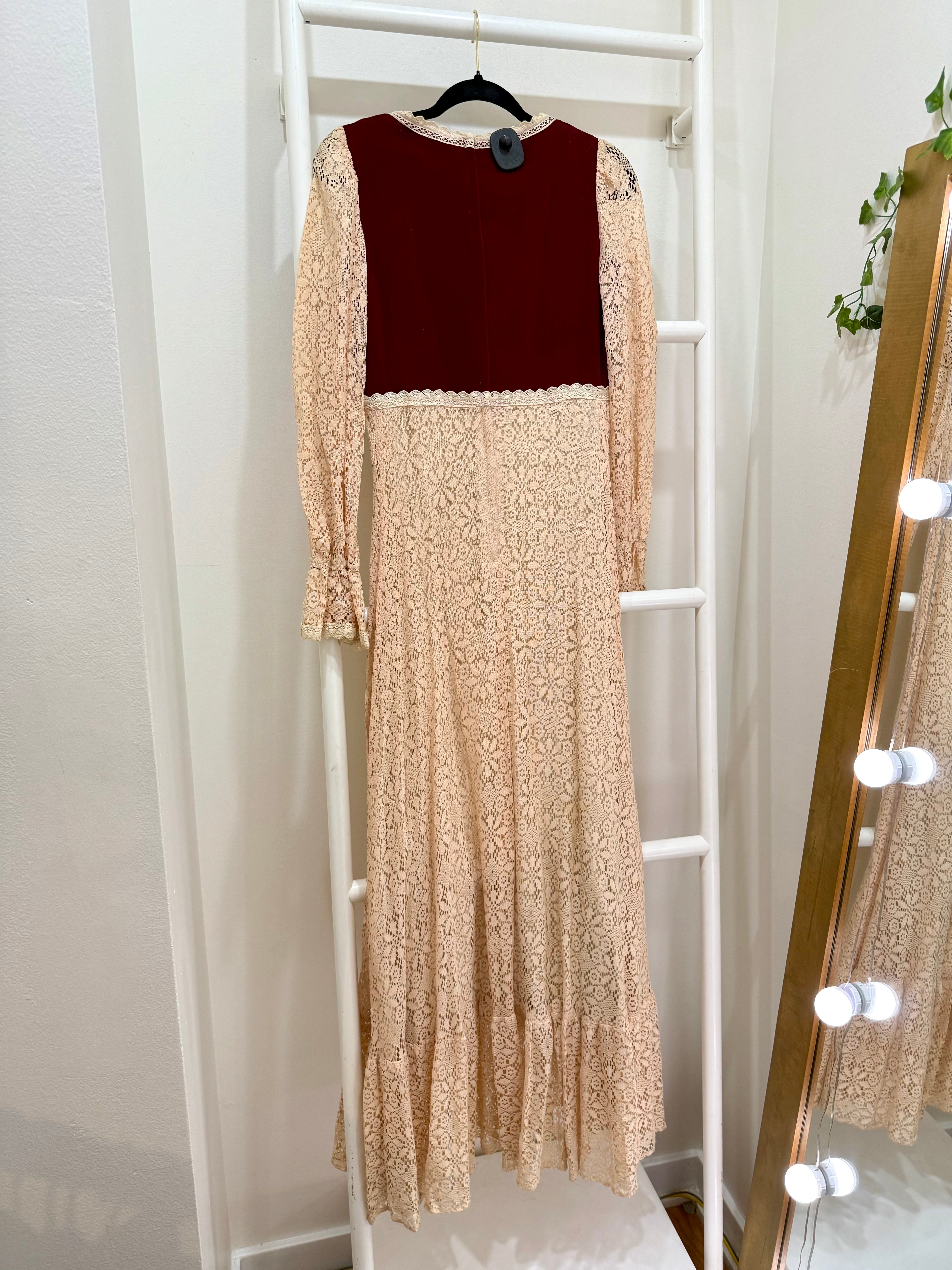 1960s Gunne Sax Black Label Crimson Velvet & Cream Lace Maxi Dress