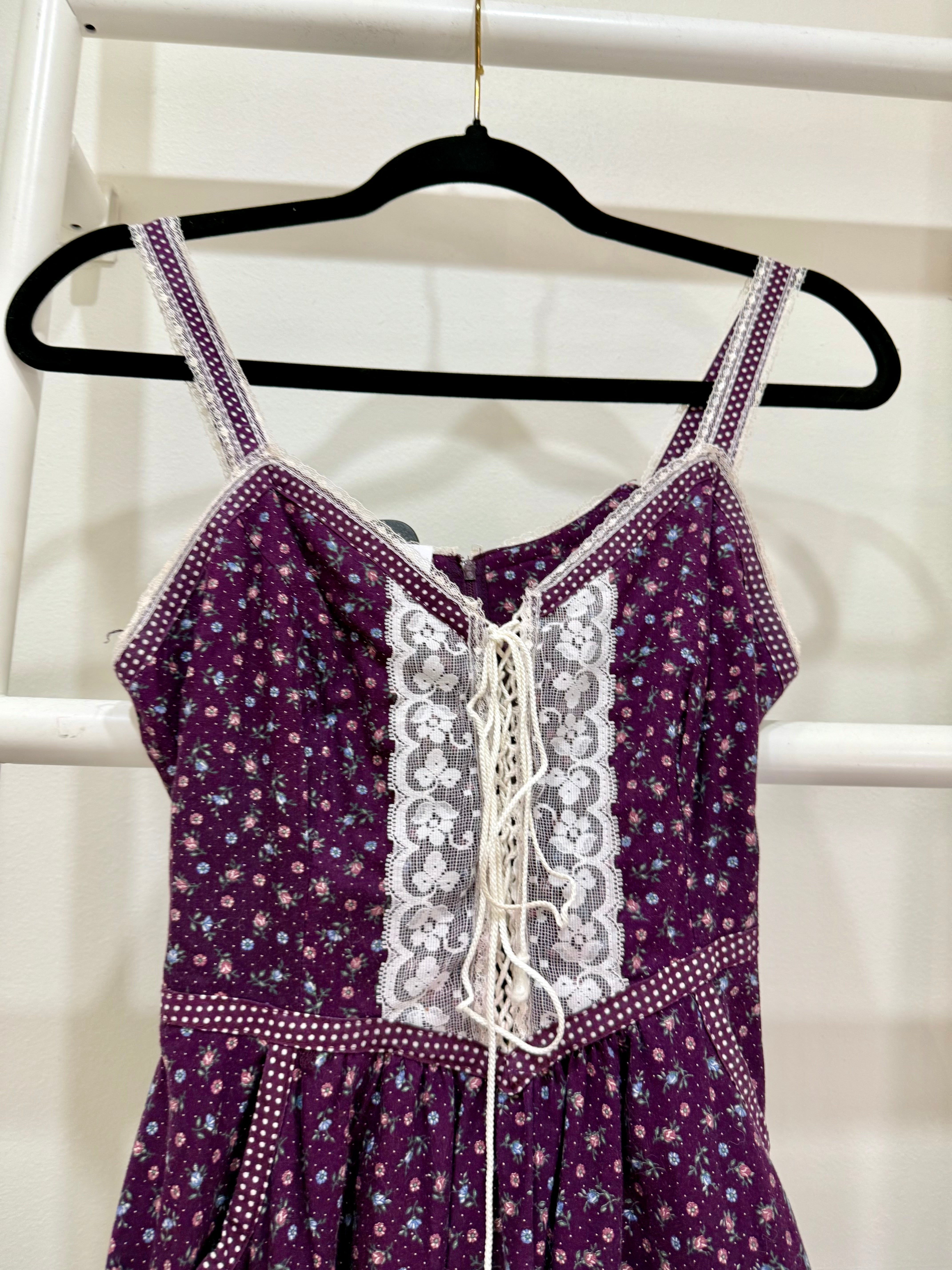 1970s Gunne Sax Purple Calico Midi Sun Dress